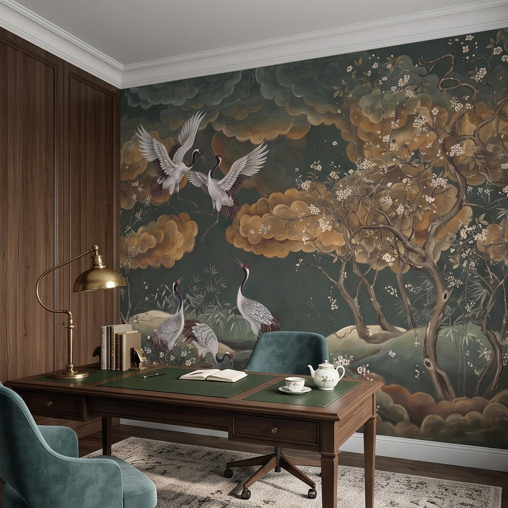 Oriental Chinoiserie Crane Peel and Stick Wall Mural, Blossom Branches Vintage Asian Garden Wallpaper