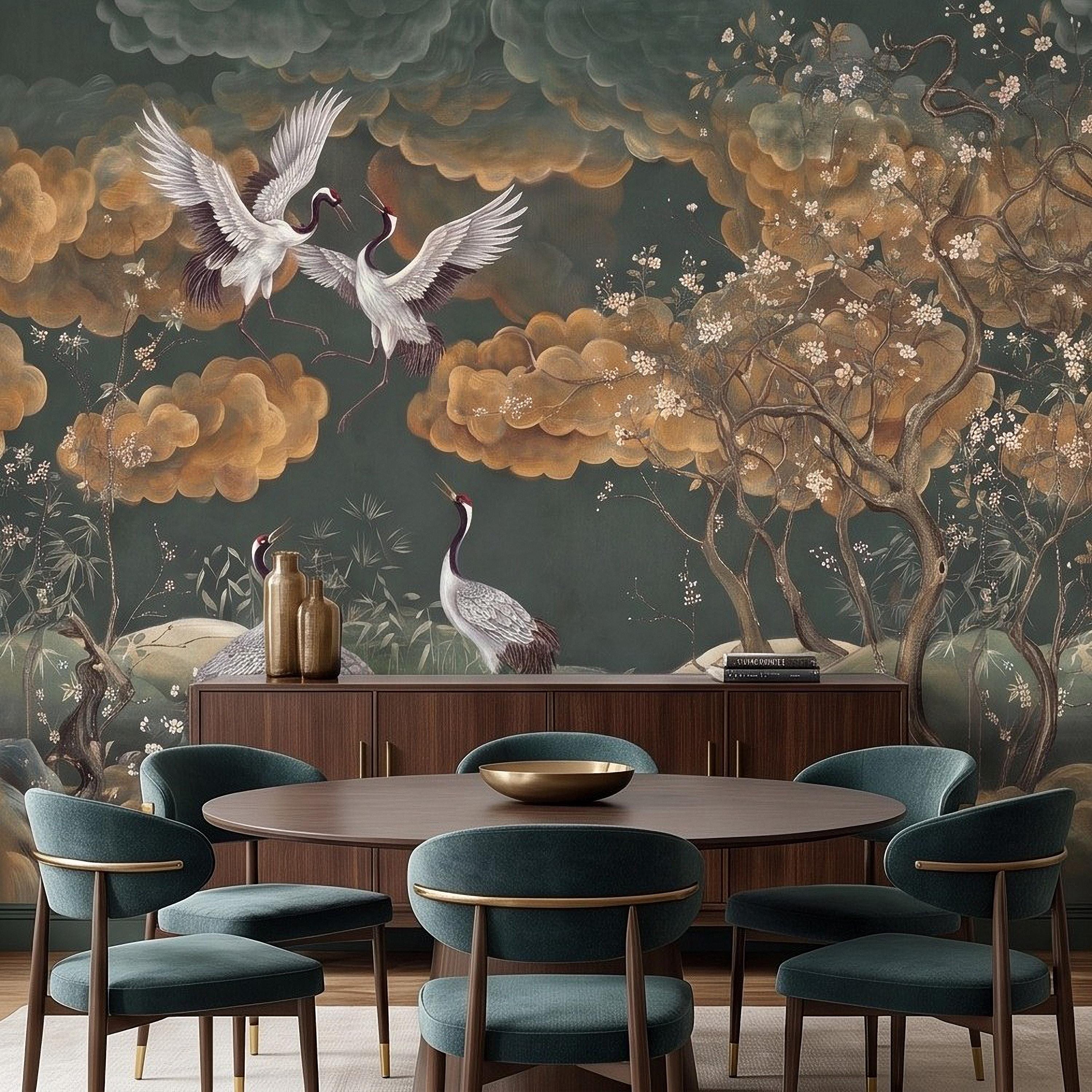 Oriental Chinoiserie Crane Peel and Stick Wall Mural, Blossom Branches Vintage Asian Garden Wallpaper