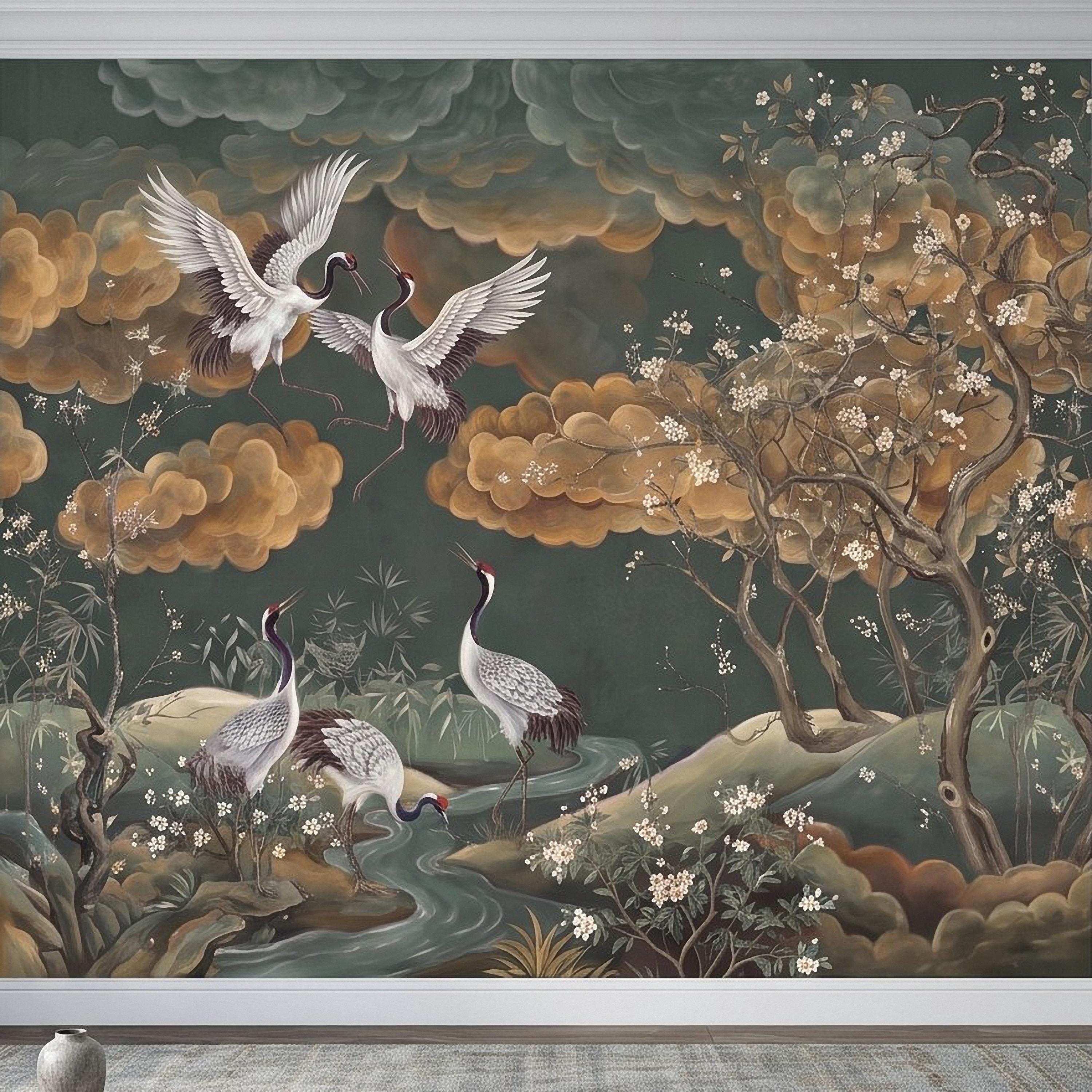 Oriental Chinoiserie Crane Peel and Stick Wall Mural, Blossom Branches Vintage Asian Garden Wallpaper