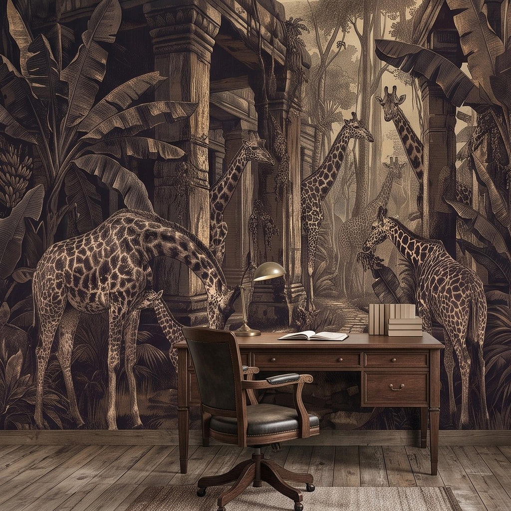 Vintage Giraffe Jungle Peel and Stick Wall Mural, Sepia Tropical Safari Ruins Botanical Wildlife Antique Engraving Scenic Wallpaper