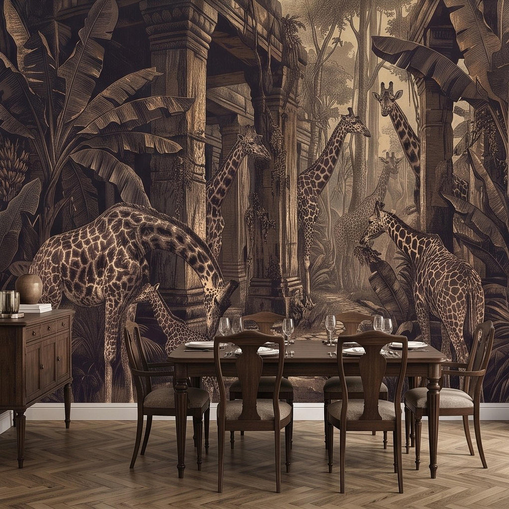 Vintage Giraffe Jungle Peel and Stick Wall Mural, Sepia Tropical Safari Ruins Botanical Wildlife Antique Engraving Scenic Wallpaper