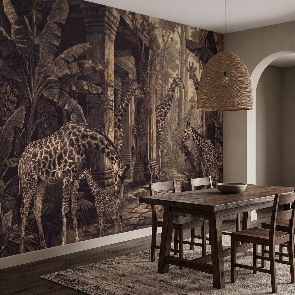 Vintage Giraffe Jungle Peel and Stick Wall Mural, Sepia Tropical Safari Ruins Botanical Wildlife Antique Engraving Scenic Wallpaper