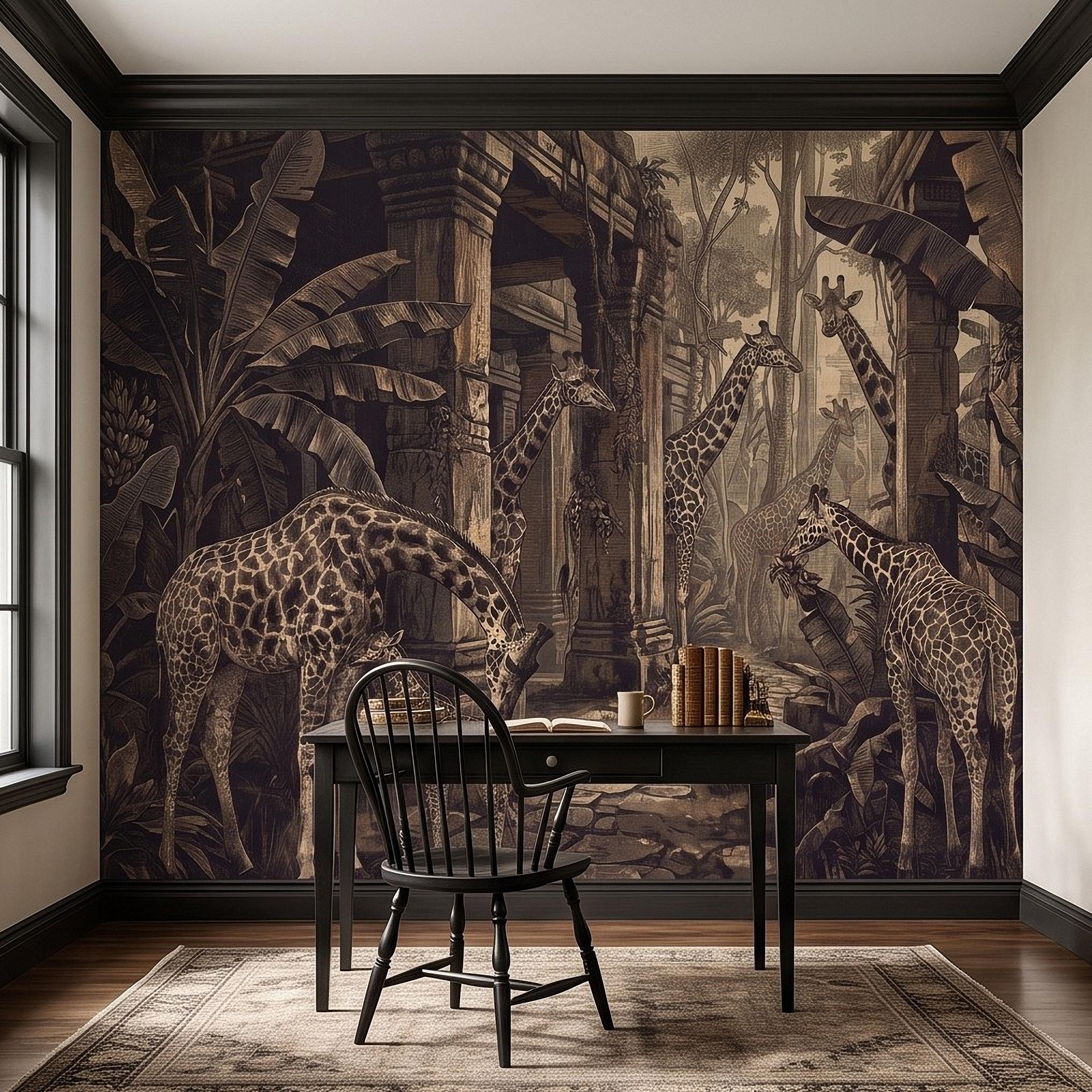 Vintage Giraffe Jungle Peel and Stick Wall Mural, Sepia Tropical Safari Ruins Botanical Wildlife Antique Engraving Scenic Wallpaper