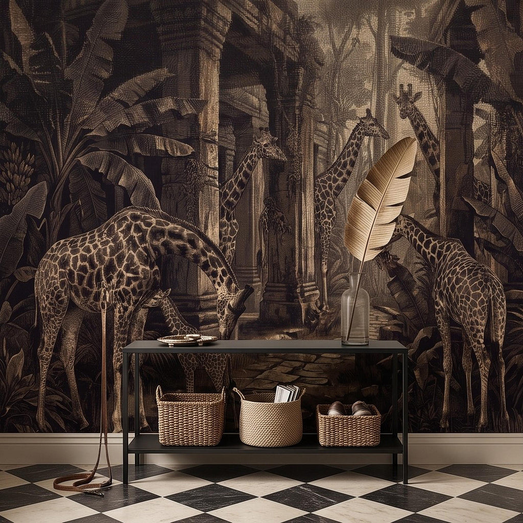Vintage Giraffe Jungle Peel and Stick Wall Mural, Sepia Tropical Safari Ruins Botanical Wildlife Antique Engraving Scenic Wallpaper