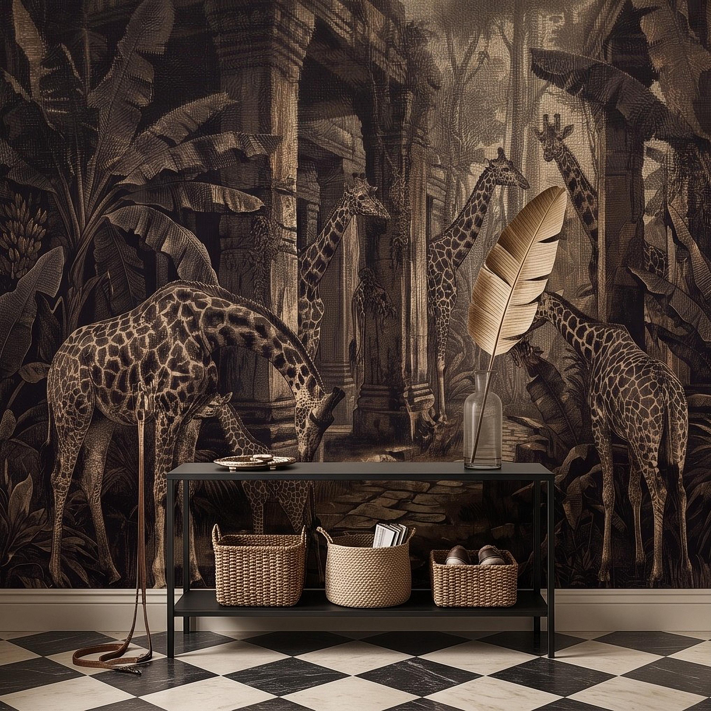 Vintage Giraffe Jungle Peel and Stick Wall Mural, Sepia Tropical Safari Ruins Botanical Wildlife Antique Engraving Scenic Wallpaper