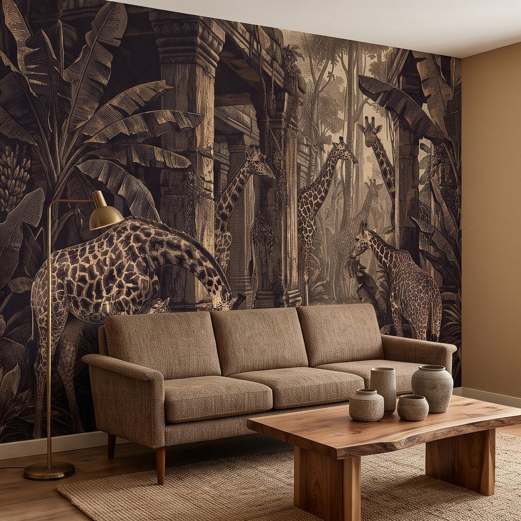 Vintage Giraffe Jungle Peel and Stick Wall Mural, Sepia Tropical Safari Ruins Botanical Wildlife Antique Engraving Scenic Wallpaper