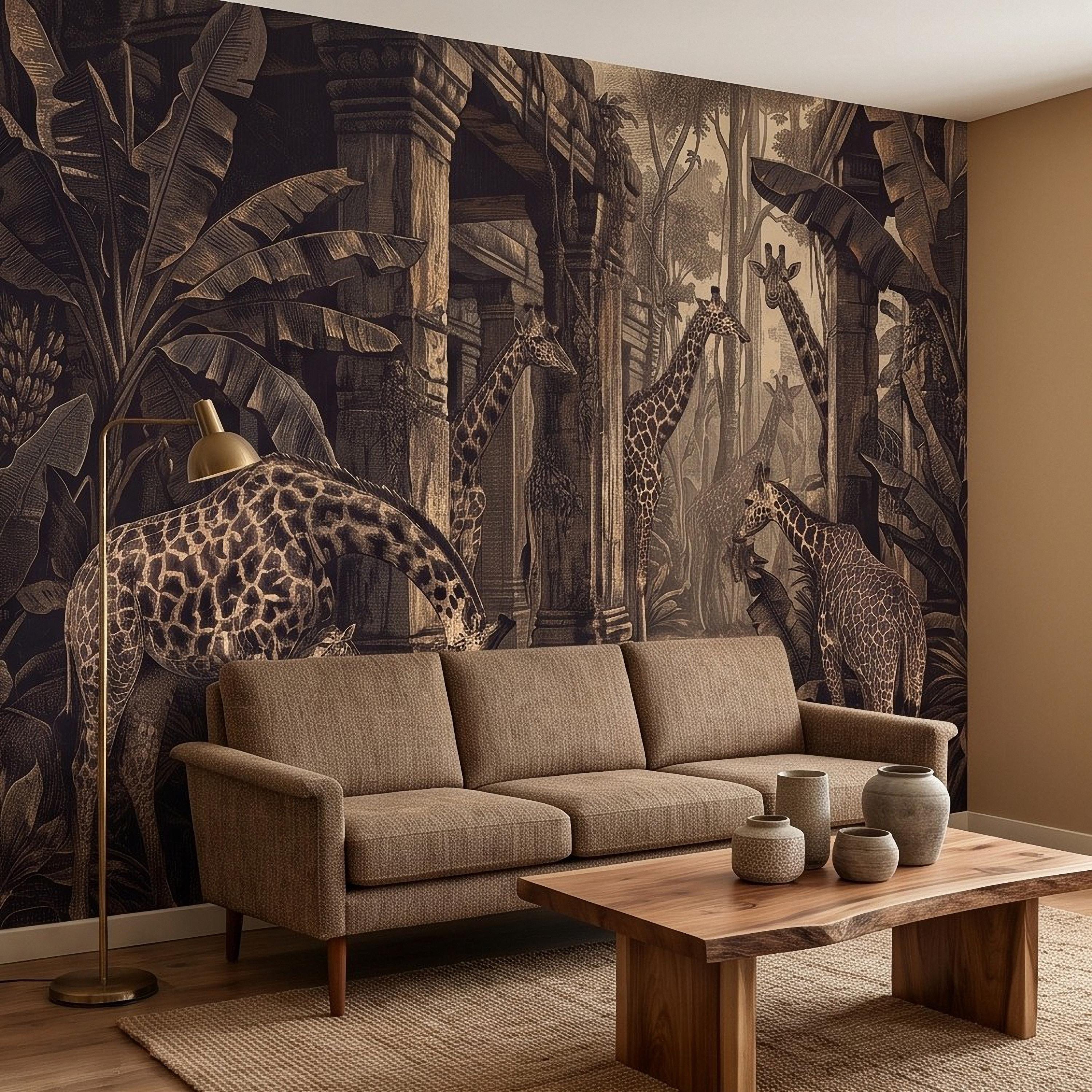 Vintage Giraffe Jungle Peel and Stick Wall Mural, Sepia Tropical Safari Ruins Botanical Wildlife Antique Engraving Scenic Wallpaper