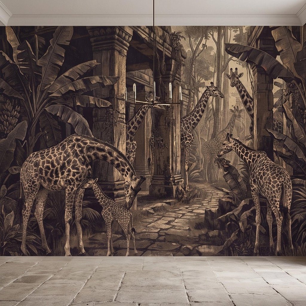 Vintage Giraffe Jungle Peel and Stick Wall Mural, Sepia Tropical Safari Ruins Botanical Wildlife Antique Engraving Scenic Wallpaper