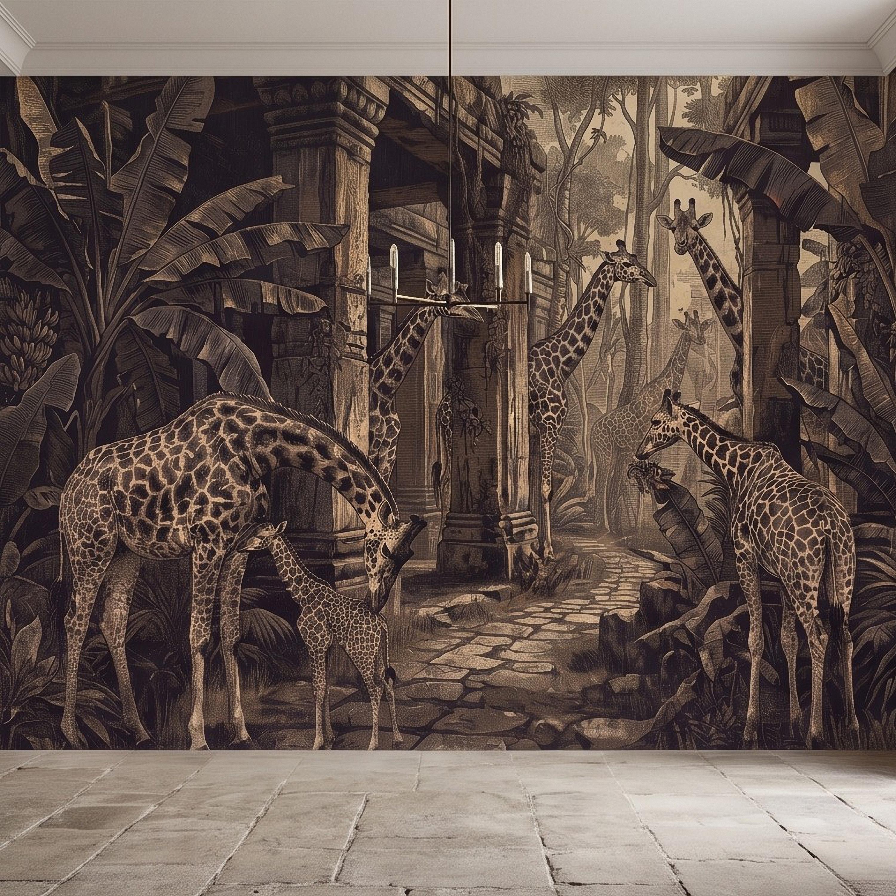 Vintage Giraffe Jungle Peel and Stick Wall Mural, Sepia Tropical Safari Ruins Botanical Wildlife Antique Engraving Scenic Wallpaper