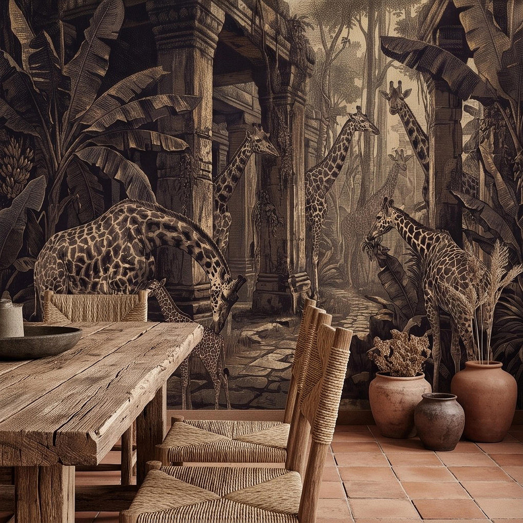 Vintage Giraffe Jungle Peel and Stick Wall Mural, Sepia Tropical Safari Ruins Botanical Wildlife Antique Engraving Scenic Wallpaper