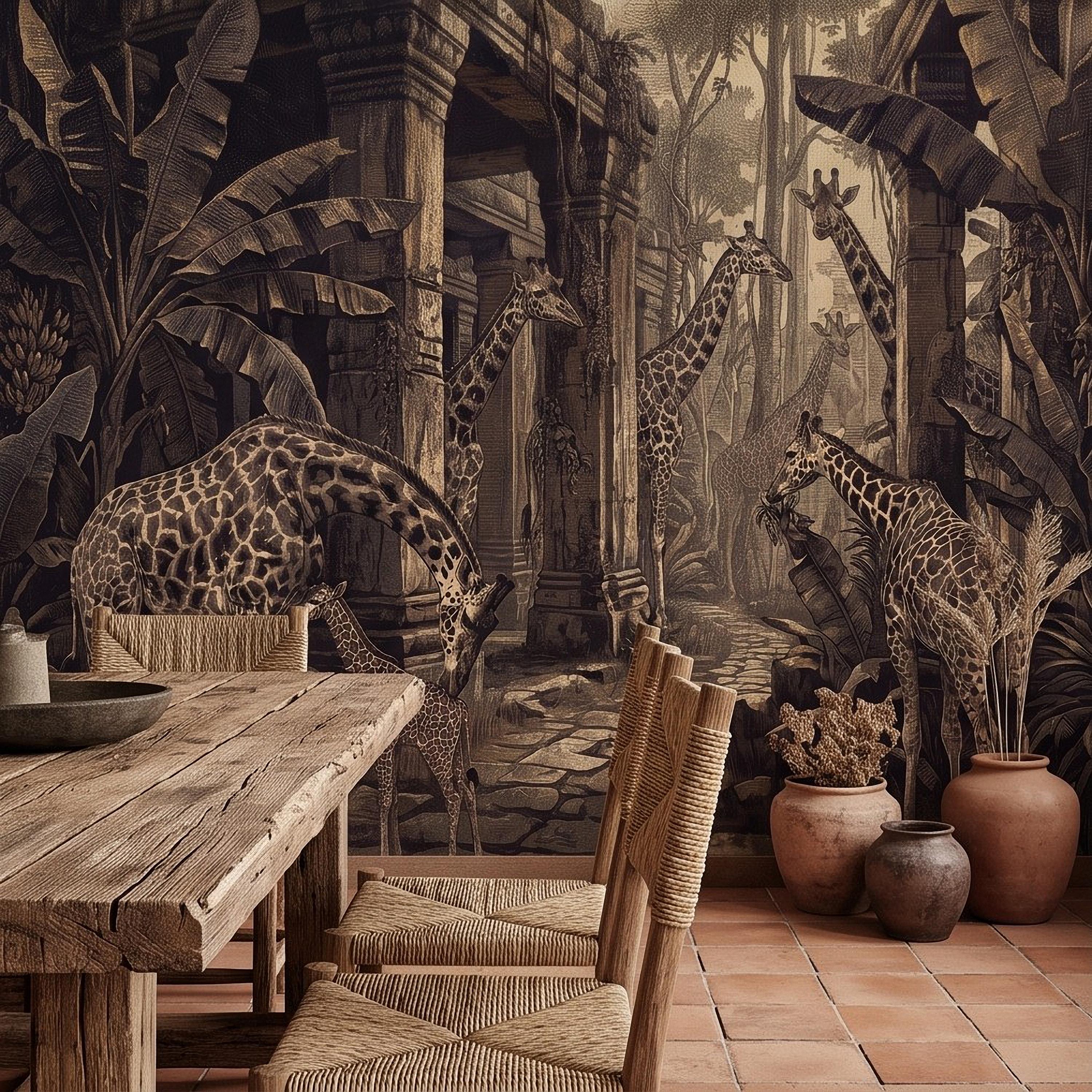 Vintage Giraffe Jungle Peel and Stick Wall Mural, Sepia Tropical Safari Ruins Botanical Wildlife Antique Engraving Scenic Wallpaper
