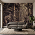 Vintage Giraffe Jungle Peel and Stick Wall Mural, Sepia Tropical Safari Ruins Botanical Wildlife Antique Engraving Scenic Wallpaper