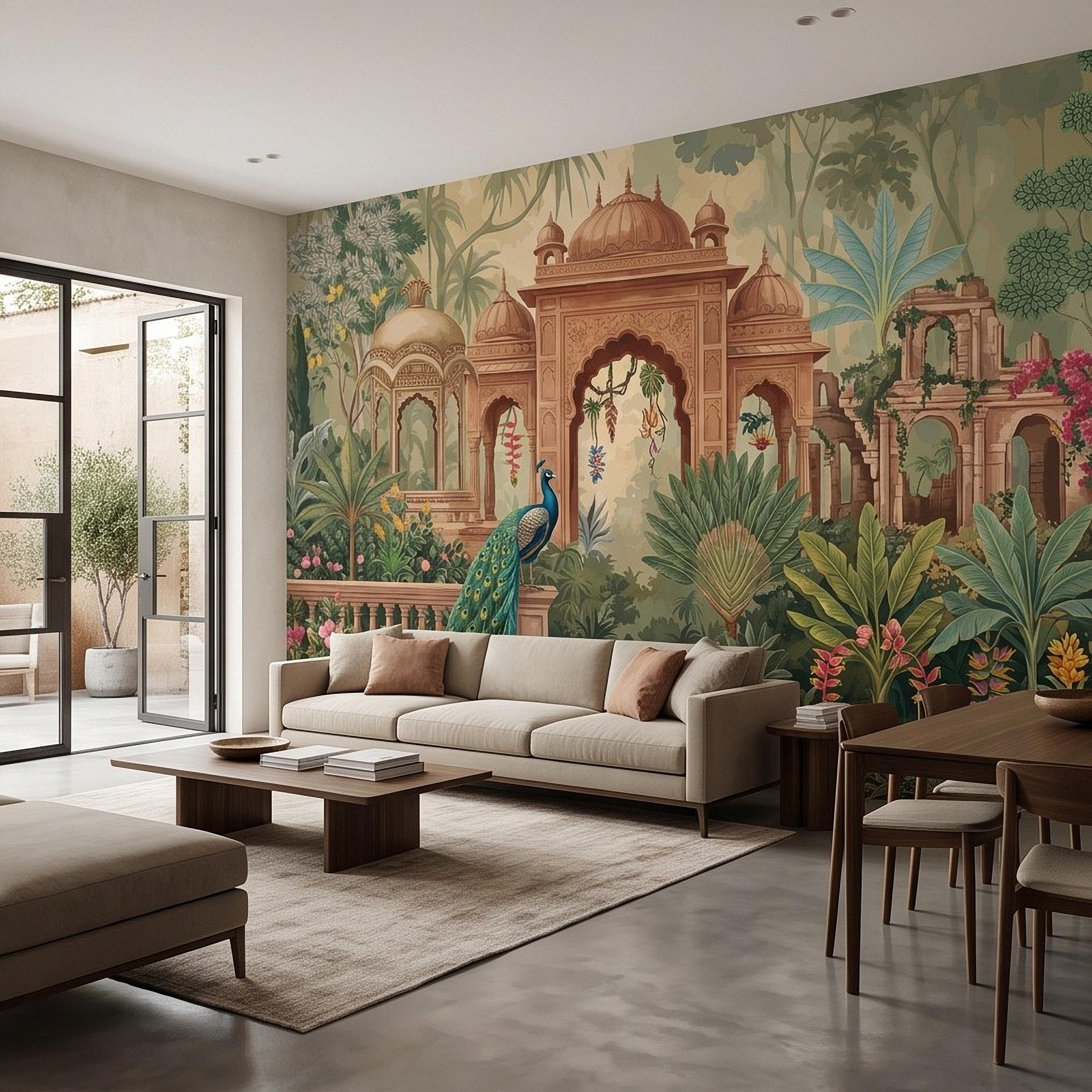Indian Garden Peacock Peel and Stick Wall Mural, Tropical Botanical Palace Arches Exotic Birds Vintage Chinoiserie Scenic Wallpaper