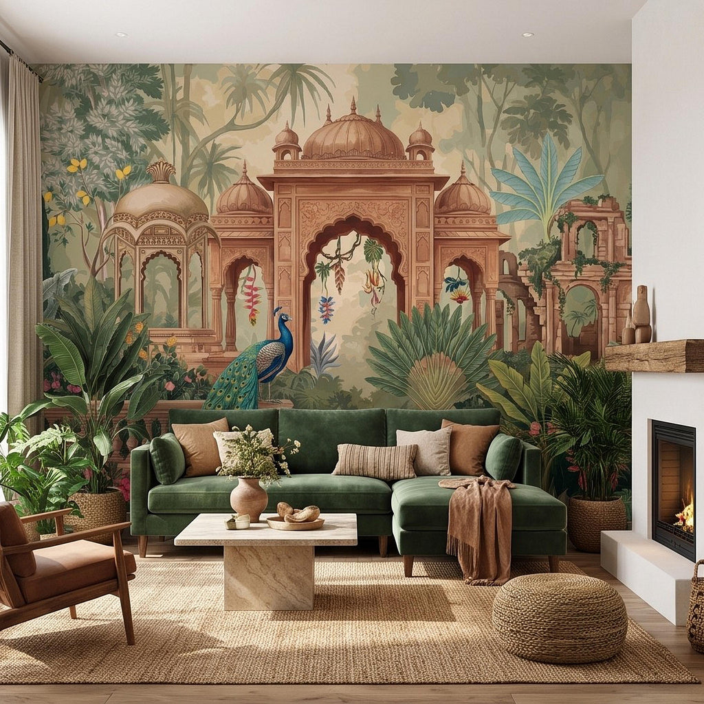 Indian Garden Peacock Peel and Stick Wall Mural, Tropical Botanical Palace Arches Exotic Birds Vintage Chinoiserie Scenic Wallpaper