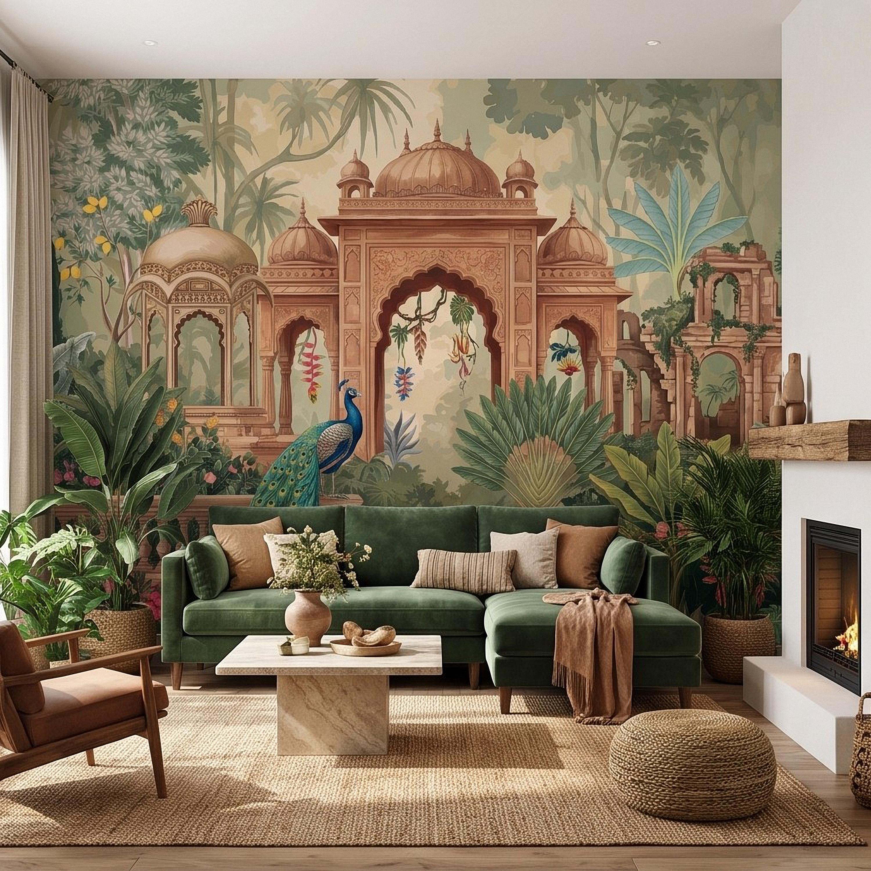 Indian Garden Peacock Peel and Stick Wall Mural, Tropical Botanical Palace Arches Exotic Birds Vintage Chinoiserie Scenic Wallpaper