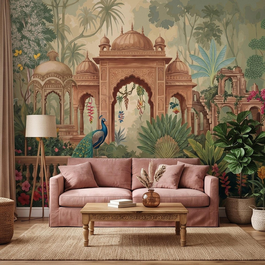 Indian Garden Peacock Peel and Stick Wall Mural, Tropical Botanical Palace Arches Exotic Birds Vintage Chinoiserie Scenic Wallpaper