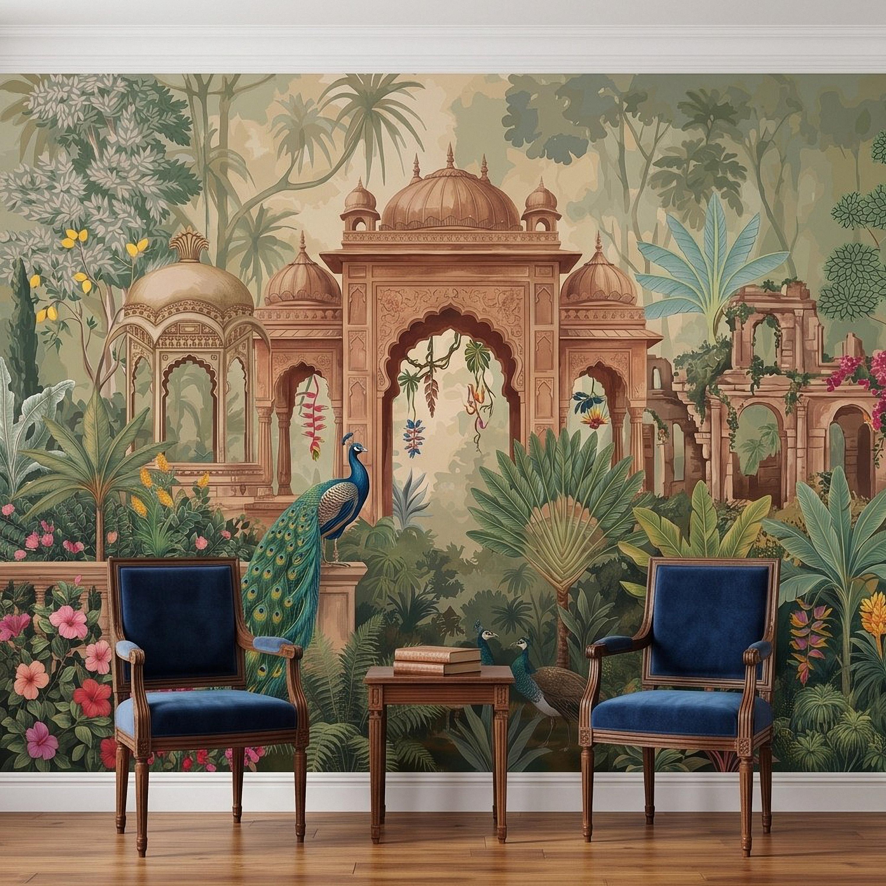 Indian Garden Peacock Peel and Stick Wall Mural, Tropical Botanical Palace Arches Exotic Birds Vintage Chinoiserie Scenic Wallpaper