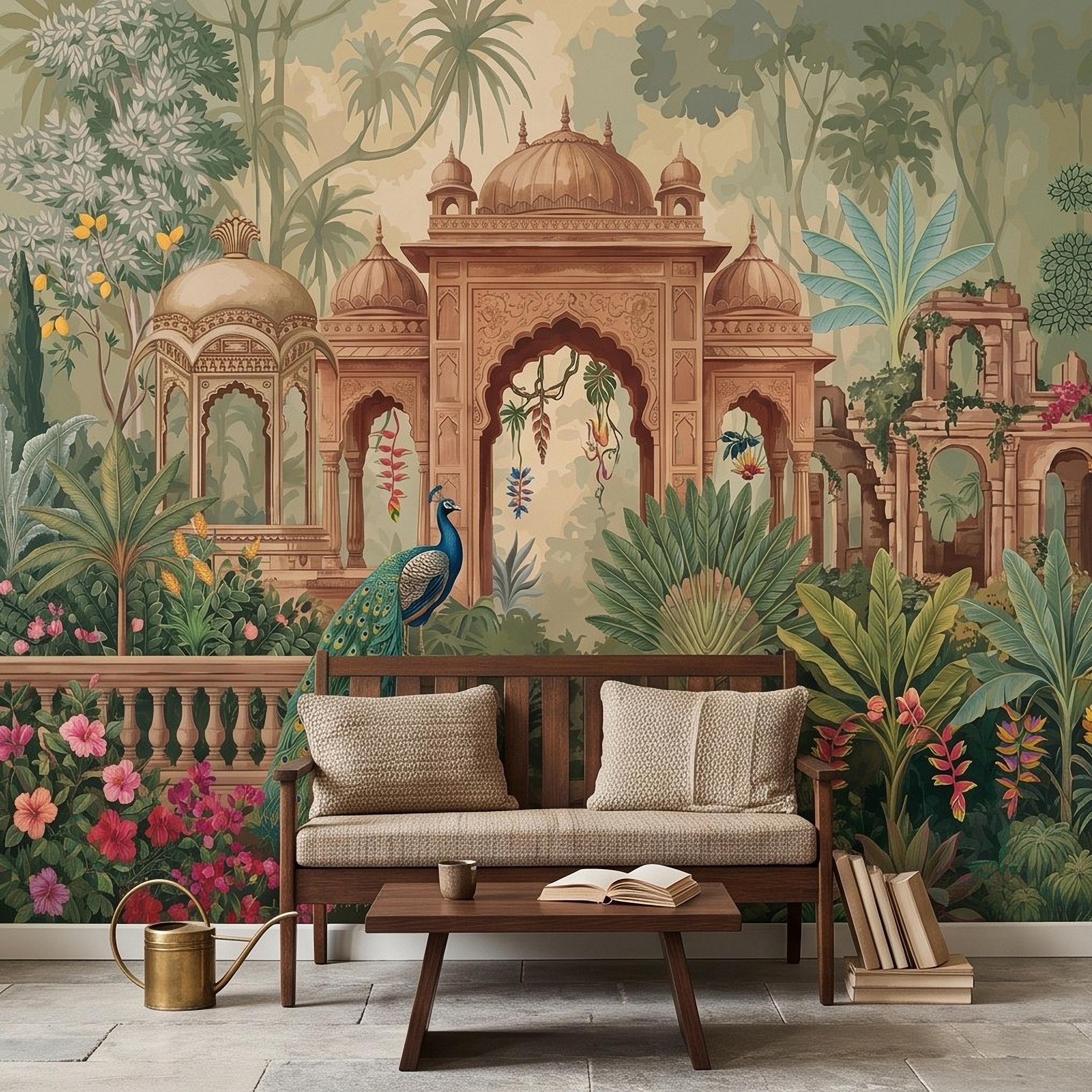 Indian Garden Peacock Peel and Stick Wall Mural, Tropical Botanical Palace Arches Exotic Birds Vintage Chinoiserie Scenic Wallpaper