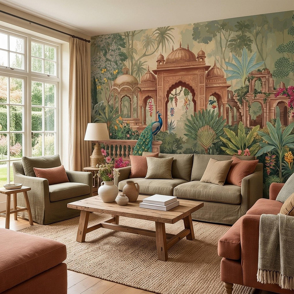 Indian Garden Peacock Peel and Stick Wall Mural, Tropical Botanical Palace Arches Exotic Birds Vintage Chinoiserie Scenic Wallpaper