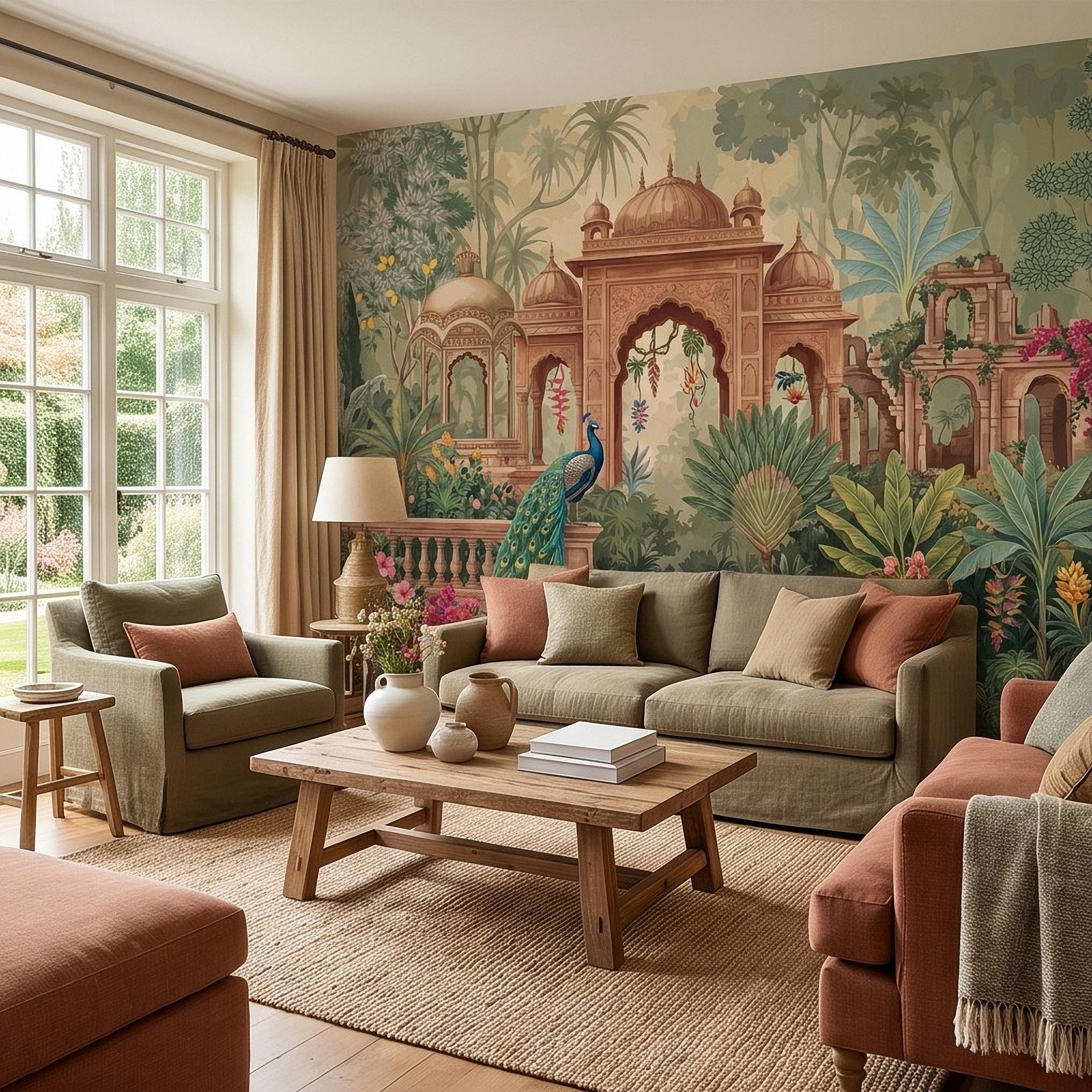 Indian Garden Peacock Peel and Stick Wall Mural, Tropical Botanical Palace Arches Exotic Birds Vintage Chinoiserie Scenic Wallpaper