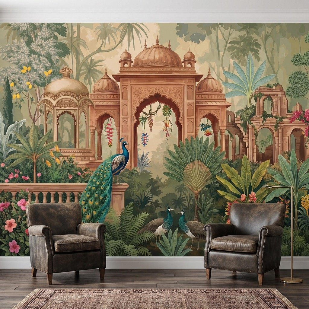 Indian Garden Peacock Peel and Stick Wall Mural, Tropical Botanical Palace Arches Exotic Birds Vintage Chinoiserie Scenic Wallpaper