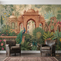 Indian Garden Peacock Peel and Stick Wall Mural, Tropical Botanical Palace Arches Exotic Birds Vintage Chinoiserie Scenic Wallpaper