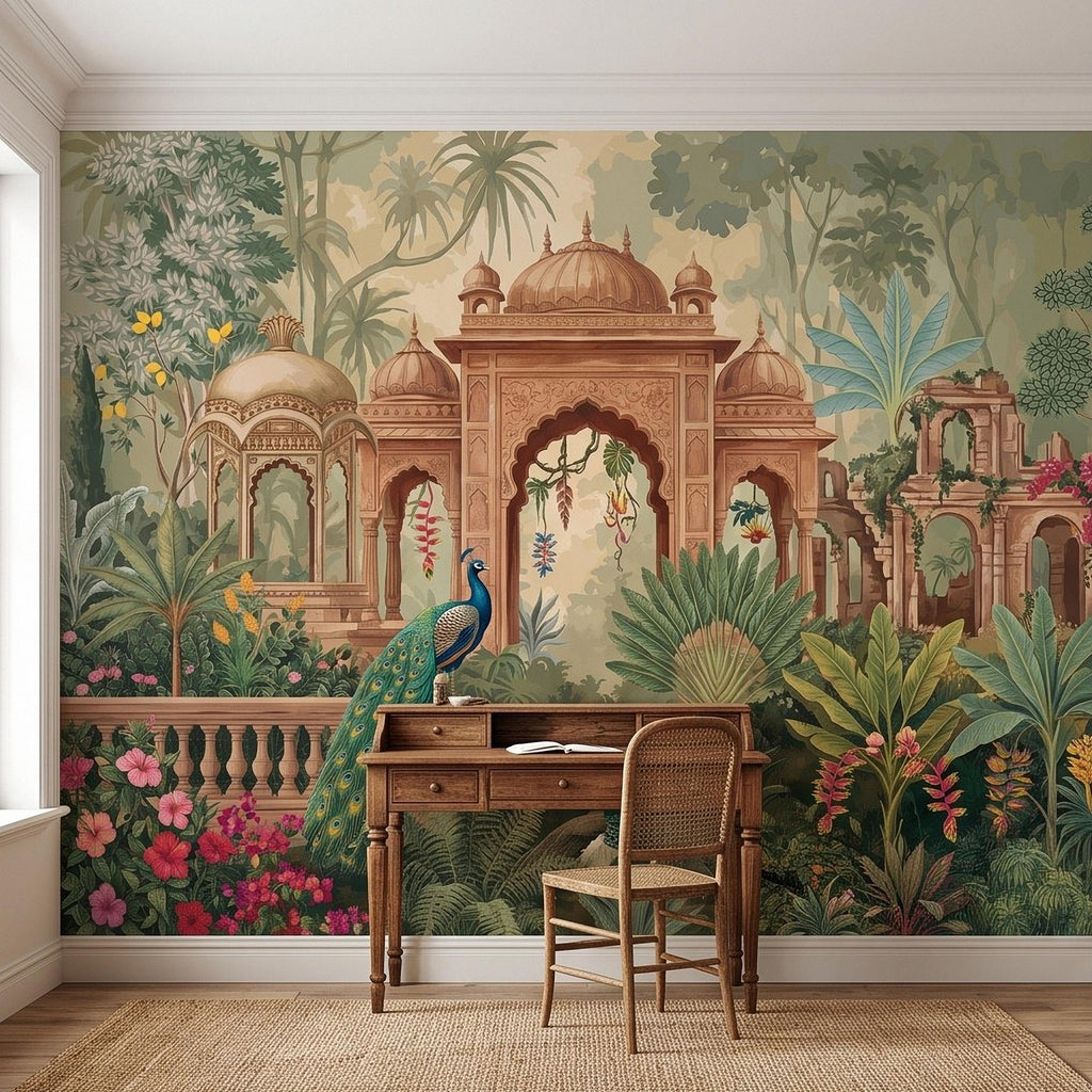 Indian Garden Peacock Peel and Stick Wall Mural, Tropical Botanical Palace Arches Exotic Birds Vintage Chinoiserie Scenic Wallpaper