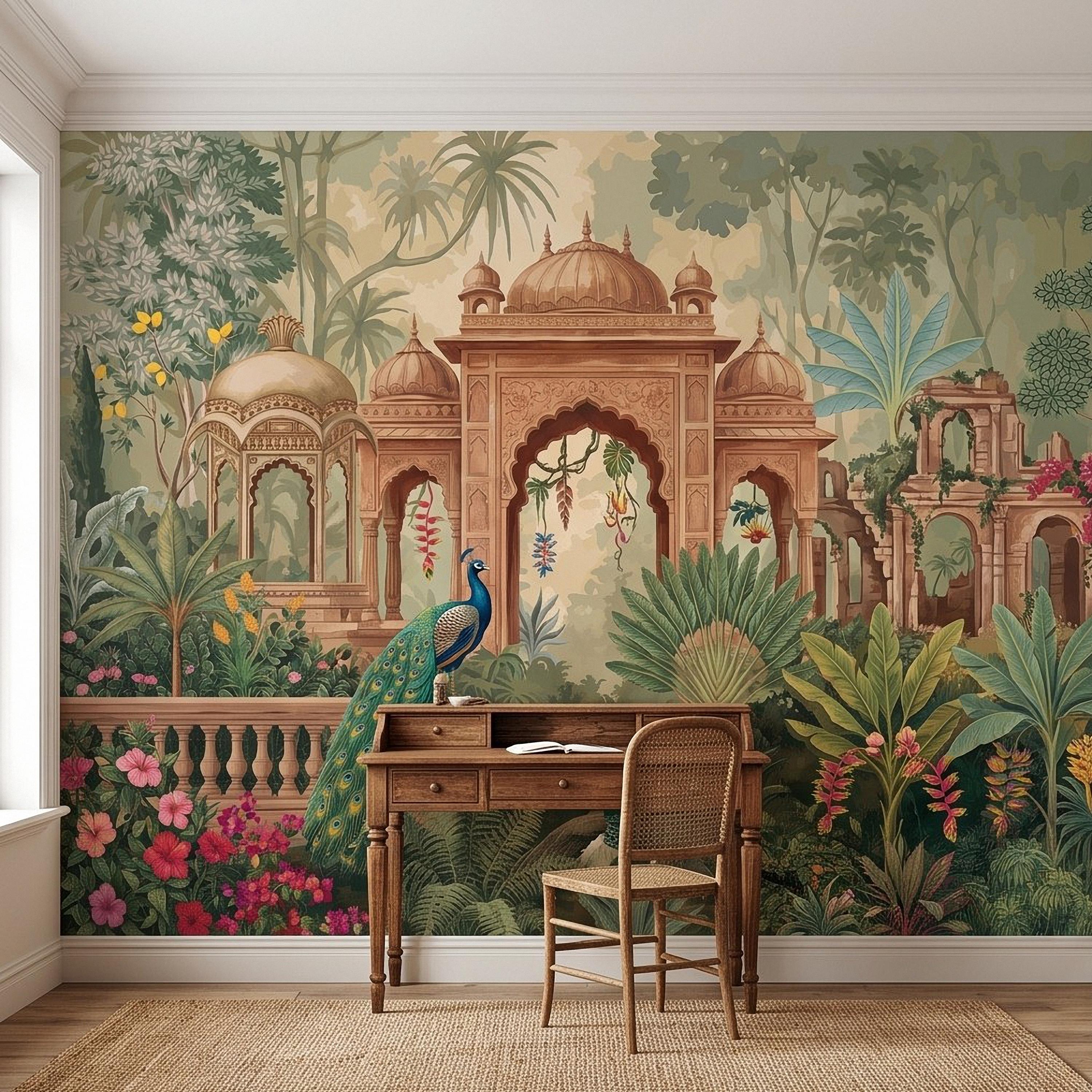 Indian Garden Peacock Peel and Stick Wall Mural, Tropical Botanical Palace Arches Exotic Birds Vintage Chinoiserie Scenic Wallpaper