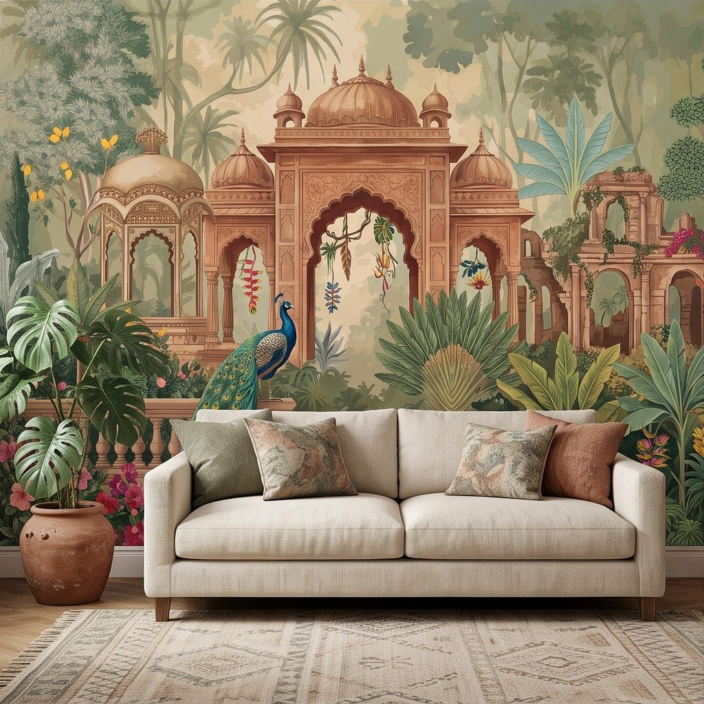 Indian Garden Peacock Peel and Stick Wall Mural, Tropical Botanical Palace Arches Exotic Birds Vintage Chinoiserie Scenic Wallpaper