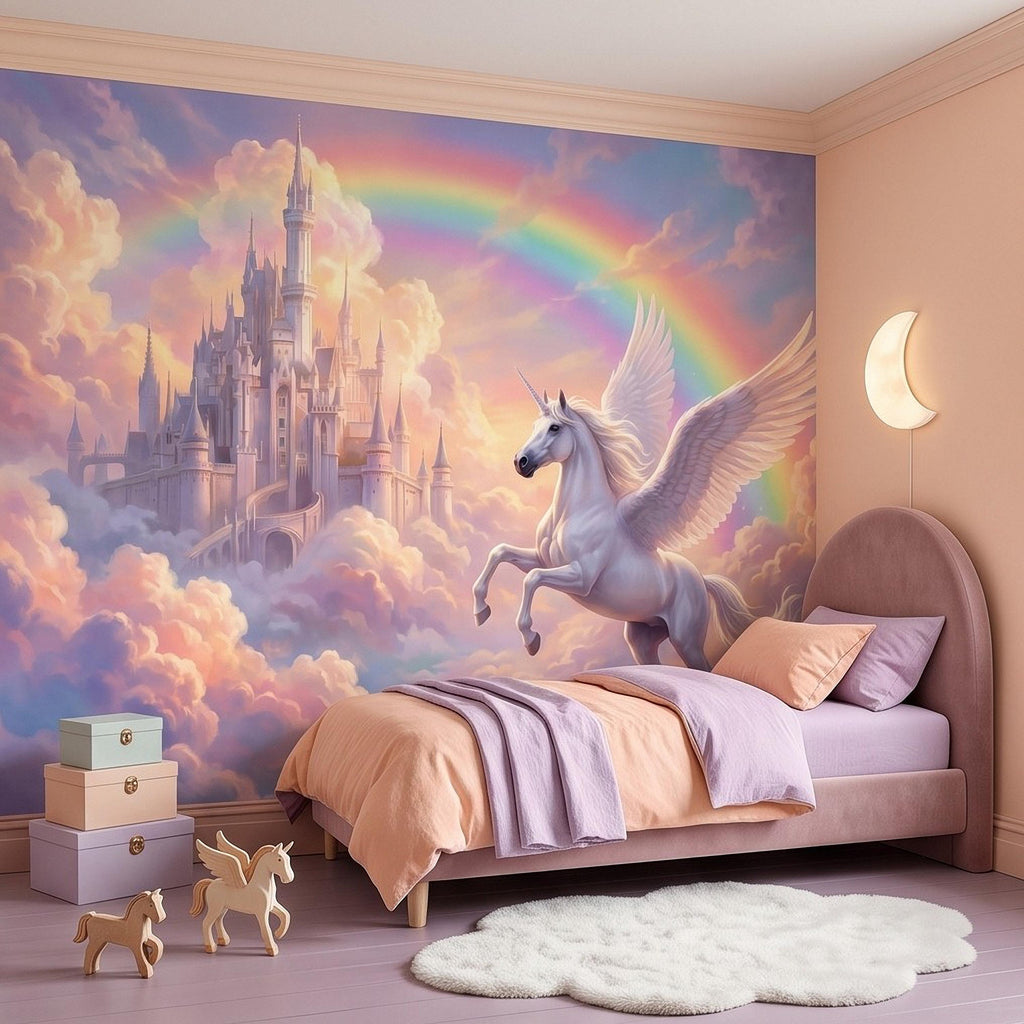Winged Unicorn Peel and Stick Wall Mural, Rainbow Castle Clouds Pastel Fairytale Magical Fantasy Kids Wallpaper