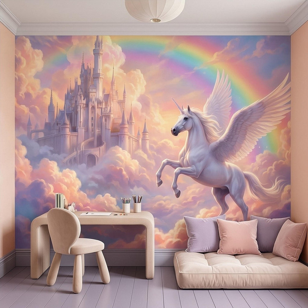 Winged Unicorn Peel and Stick Wall Mural, Rainbow Castle Clouds Pastel Fairytale Magical Fantasy Kids Wallpaper