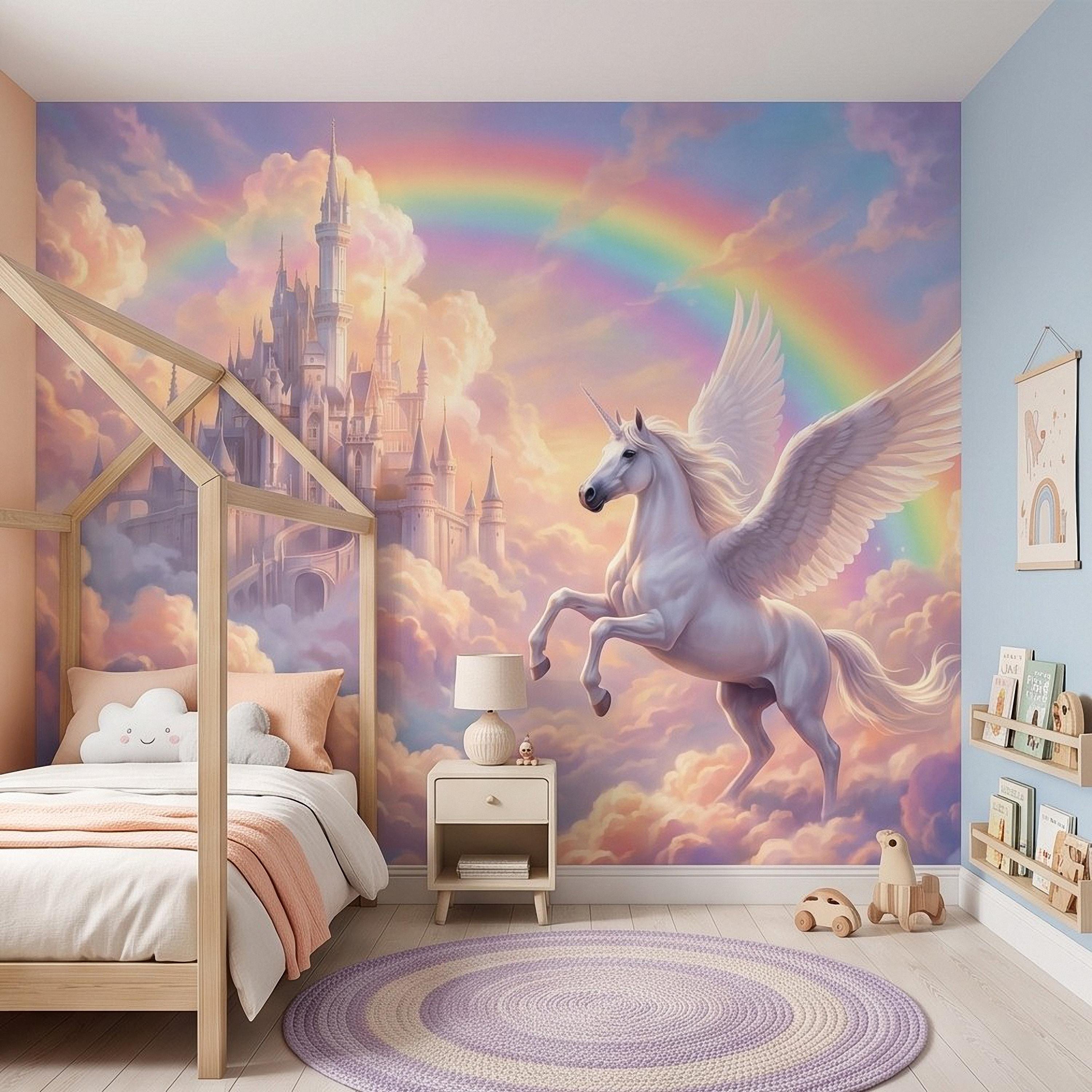 Winged Unicorn Peel and Stick Wall Mural, Rainbow Castle Clouds Pastel Fairytale Magical Fantasy Kids Wallpaper