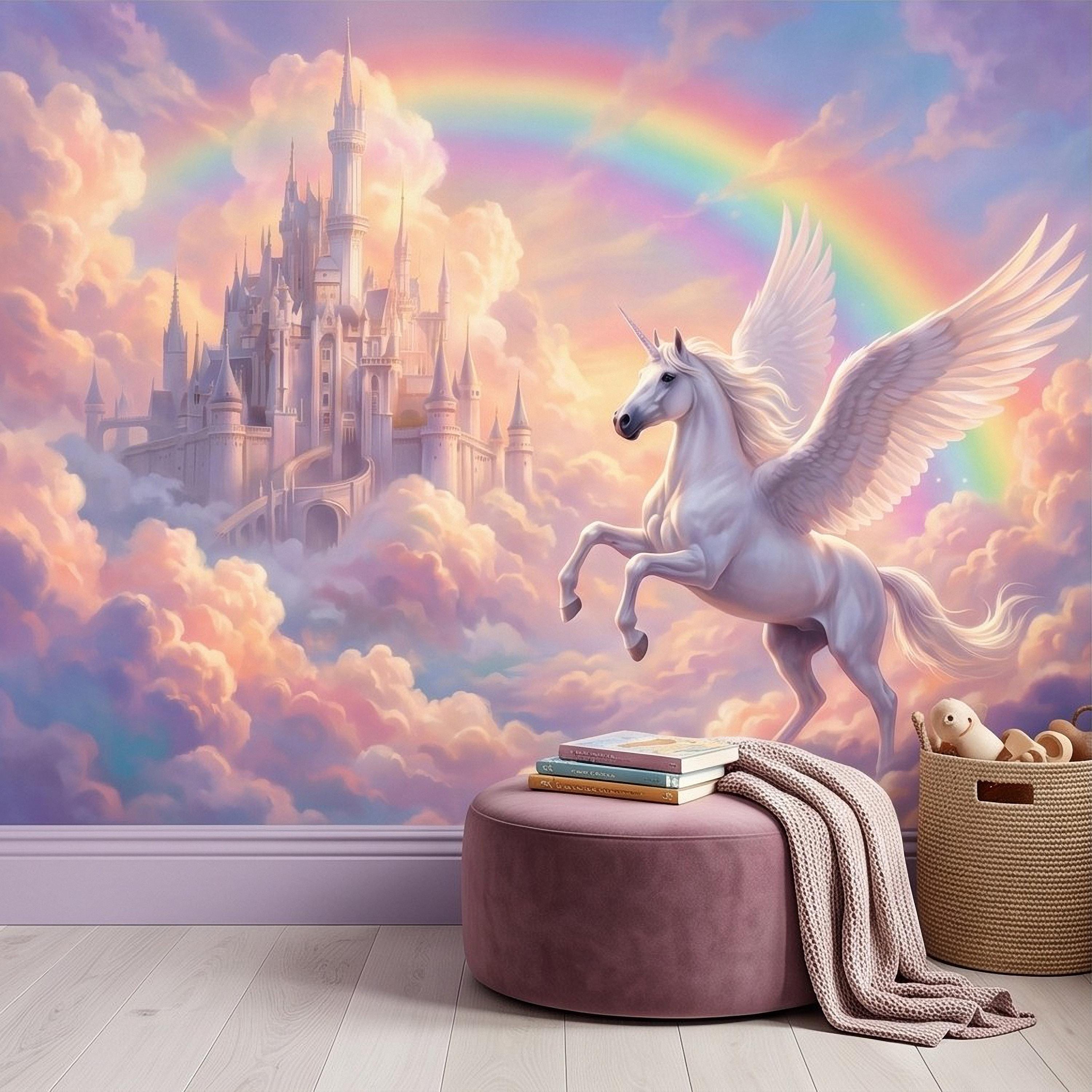 Winged Unicorn Peel and Stick Wall Mural, Rainbow Castle Clouds Pastel Fairytale Magical Fantasy Kids Wallpaper