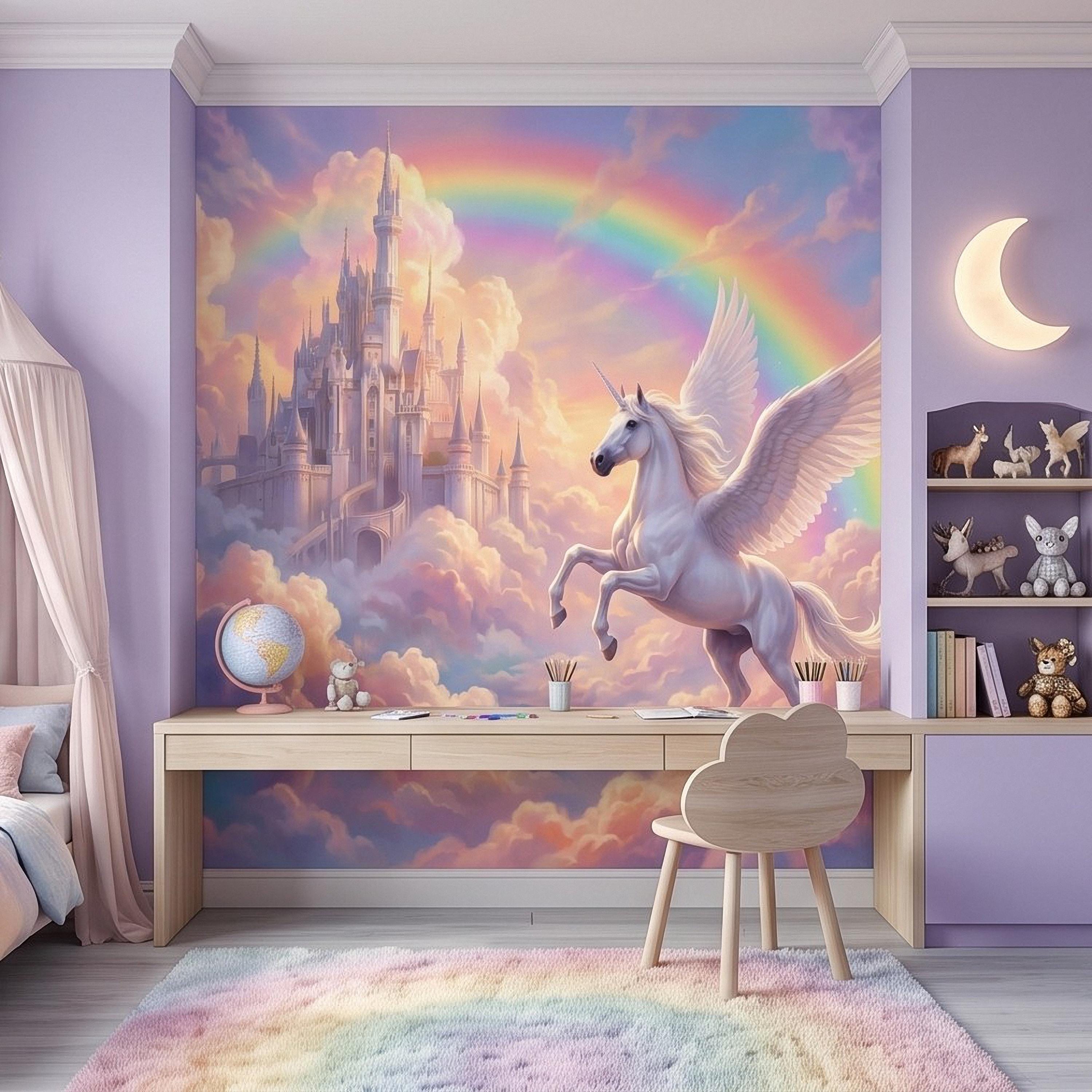 Winged Unicorn Peel and Stick Wall Mural, Rainbow Castle Clouds Pastel Fairytale Magical Fantasy Kids Wallpaper