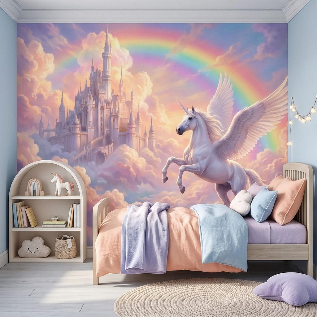 Winged Unicorn Peel and Stick Wall Mural, Rainbow Castle Clouds Pastel Fairytale Magical Fantasy Kids Wallpaper