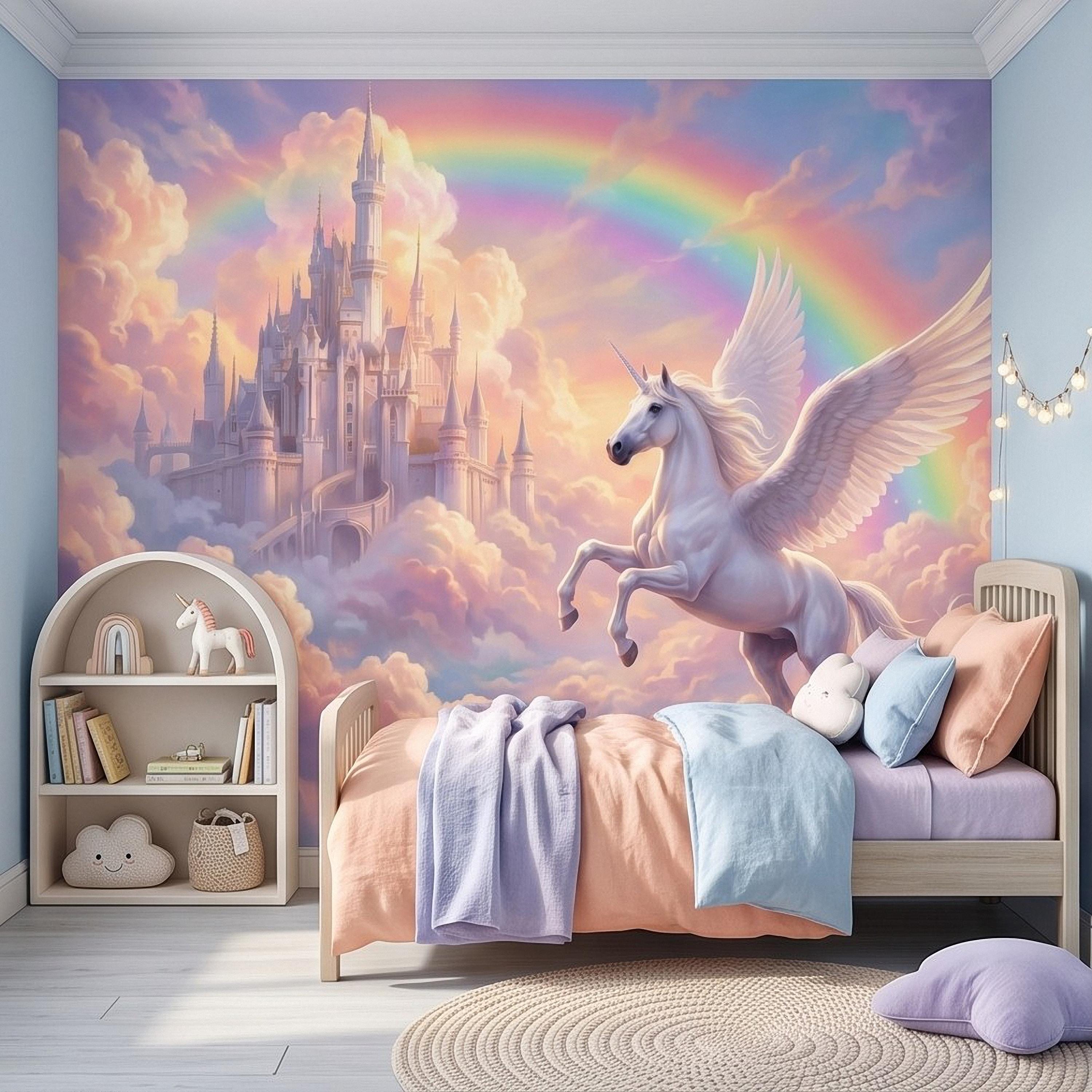 Winged Unicorn Peel and Stick Wall Mural, Rainbow Castle Clouds Pastel Fairytale Magical Fantasy Kids Wallpaper