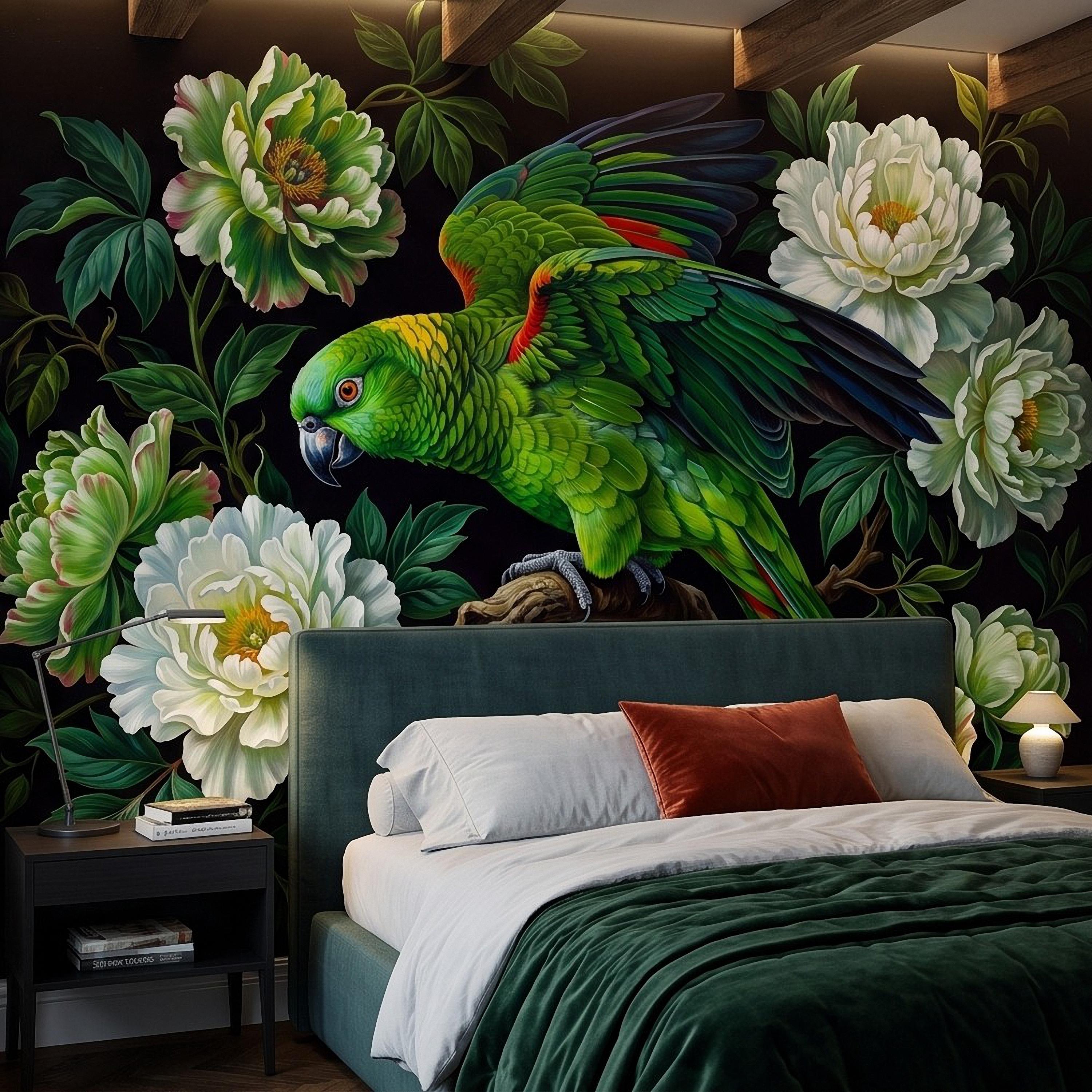 Green Parrot Peel and Stick Wall Mural, White Peony Flowers Tropical Botanical Bird Dark Floral Vintage Chinoiserie Painting Wallpaper