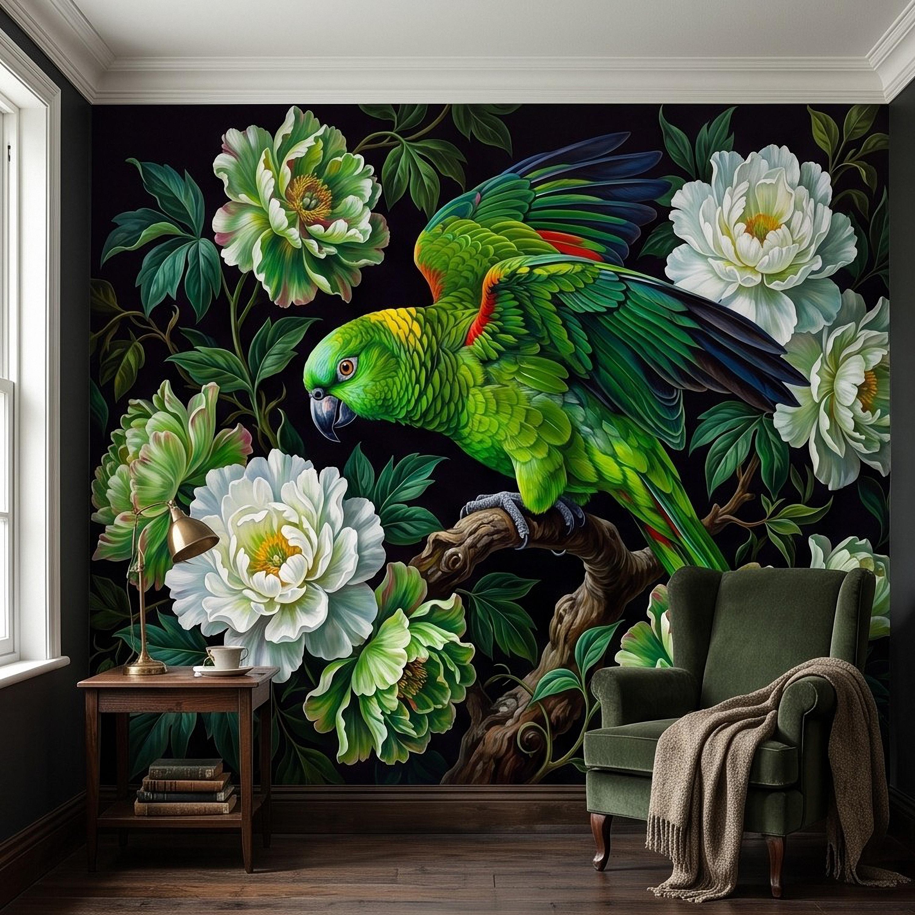 Green Parrot Peel and Stick Wall Mural, White Peony Flowers Tropical Botanical Bird Dark Floral Vintage Chinoiserie Painting Wallpaper