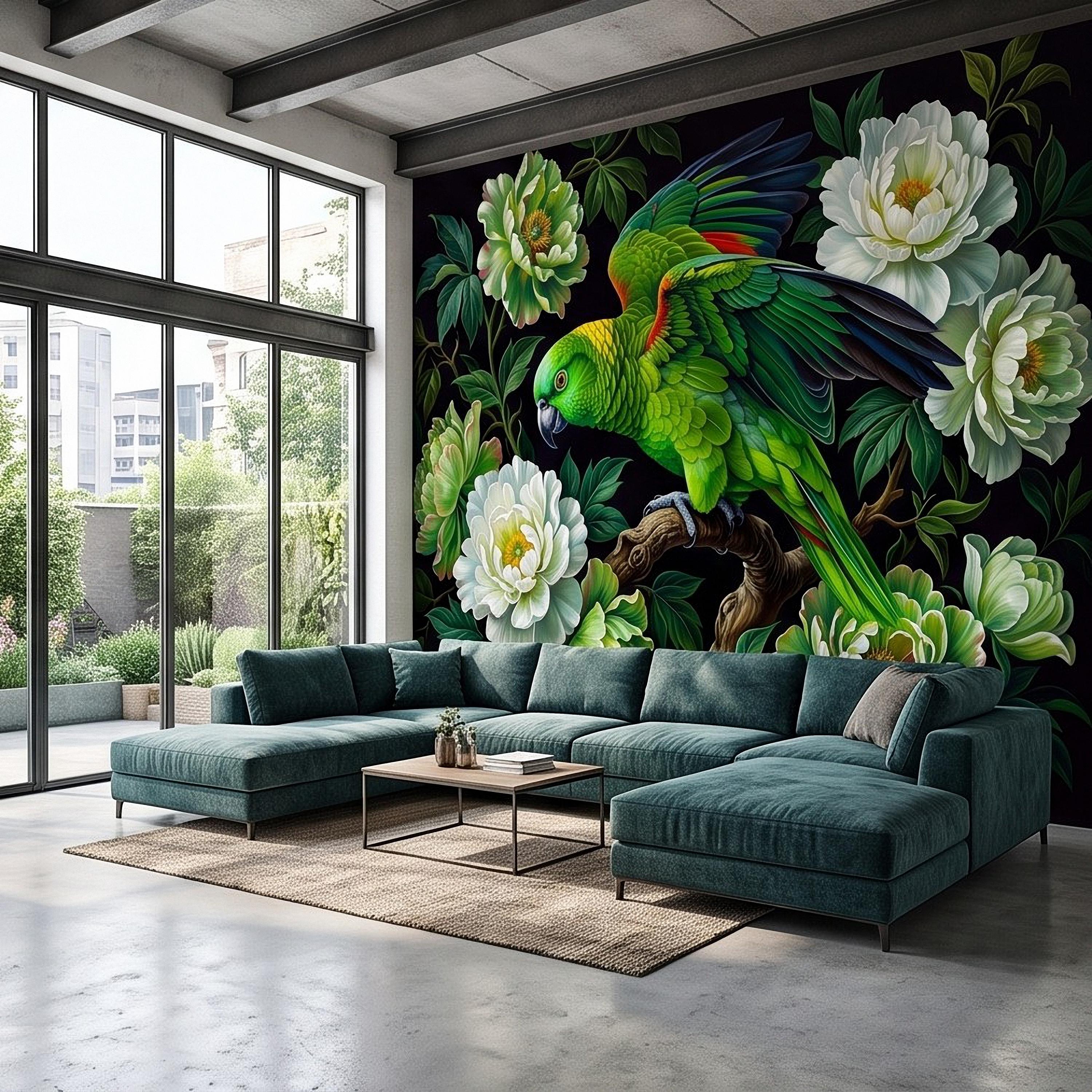 Green Parrot Peel and Stick Wall Mural, White Peony Flowers Tropical Botanical Bird Dark Floral Vintage Chinoiserie Painting Wallpaper