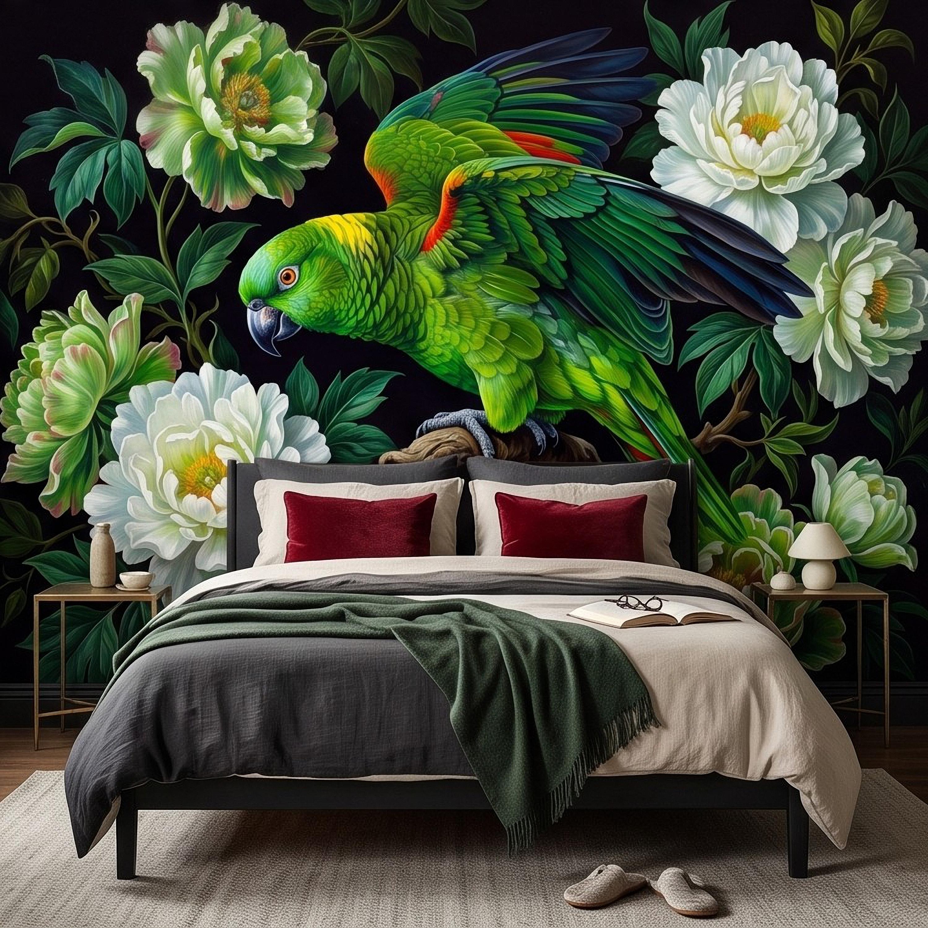 Green Parrot Peel and Stick Wall Mural, White Peony Flowers Tropical Botanical Bird Dark Floral Vintage Chinoiserie Painting Wallpaper