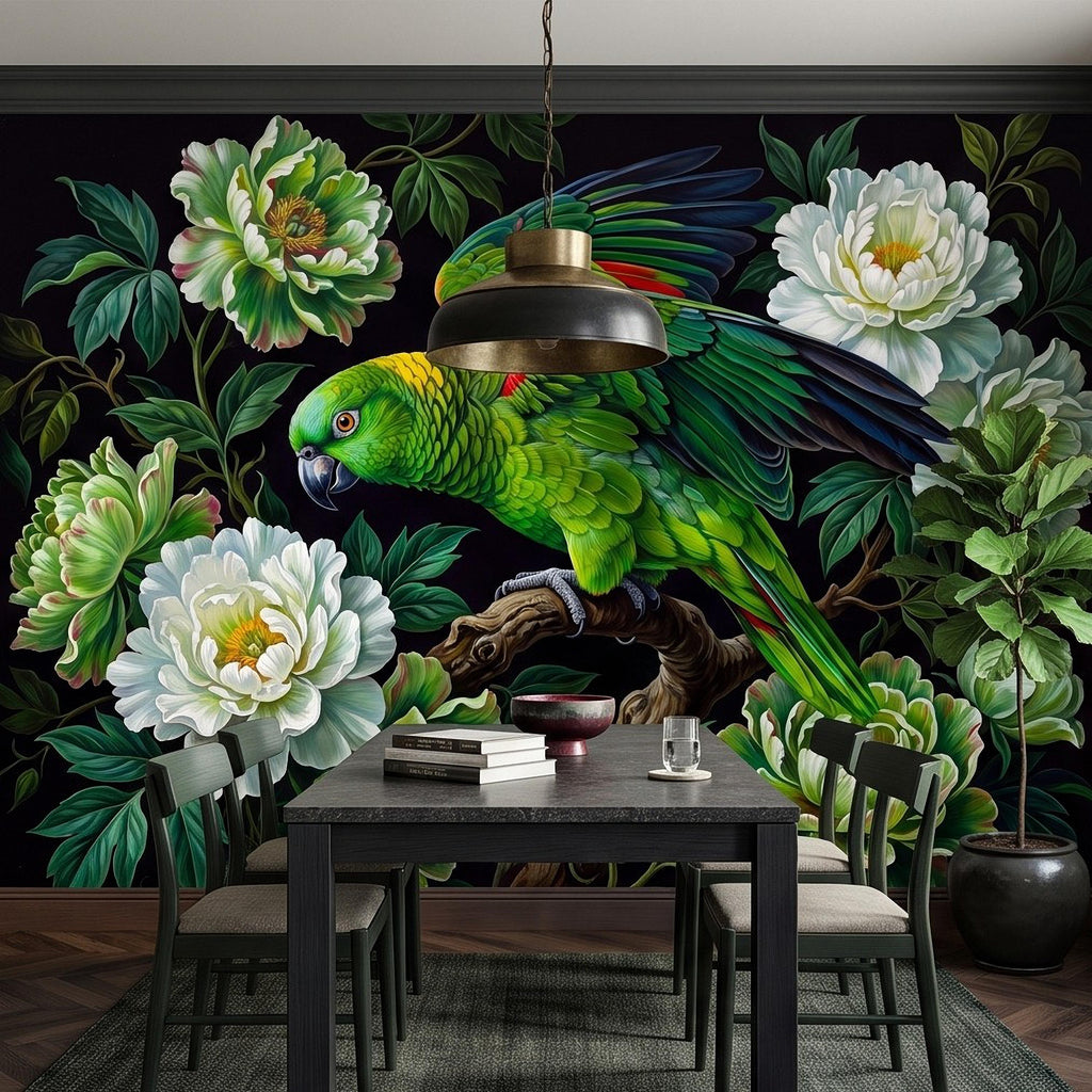 Green Parrot Peel and Stick Wall Mural, White Peony Flowers Tropical Botanical Bird Dark Floral Vintage Chinoiserie Painting Wallpaper