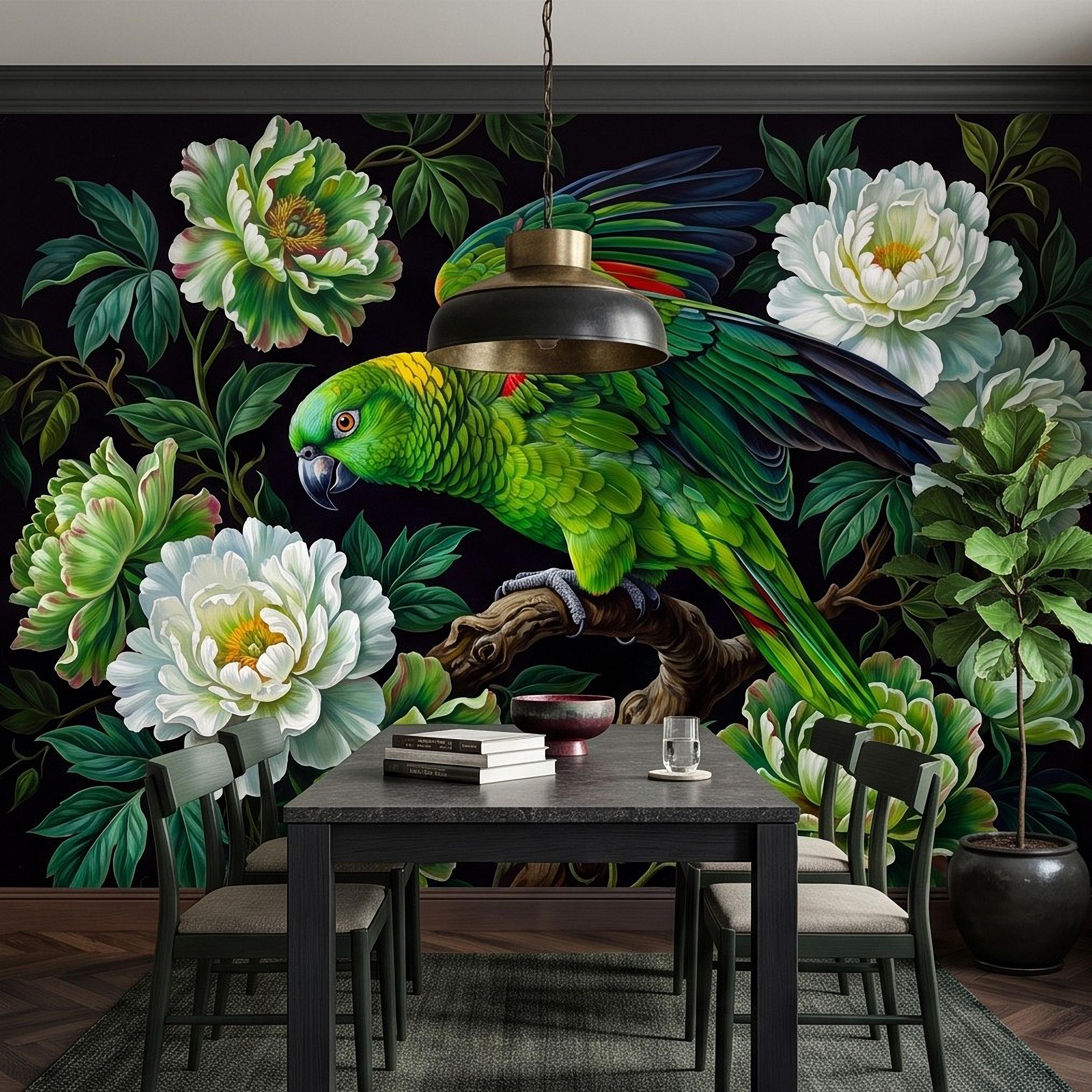 Green Parrot Peel and Stick Wall Mural, White Peony Flowers Tropical Botanical Bird Dark Floral Vintage Chinoiserie Painting Wallpaper