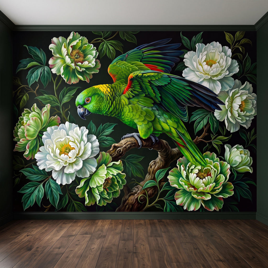 Green Parrot Peel and Stick Wall Mural, White Peony Flowers Tropical Botanical Bird Dark Floral Vintage Chinoiserie Painting Wallpaper