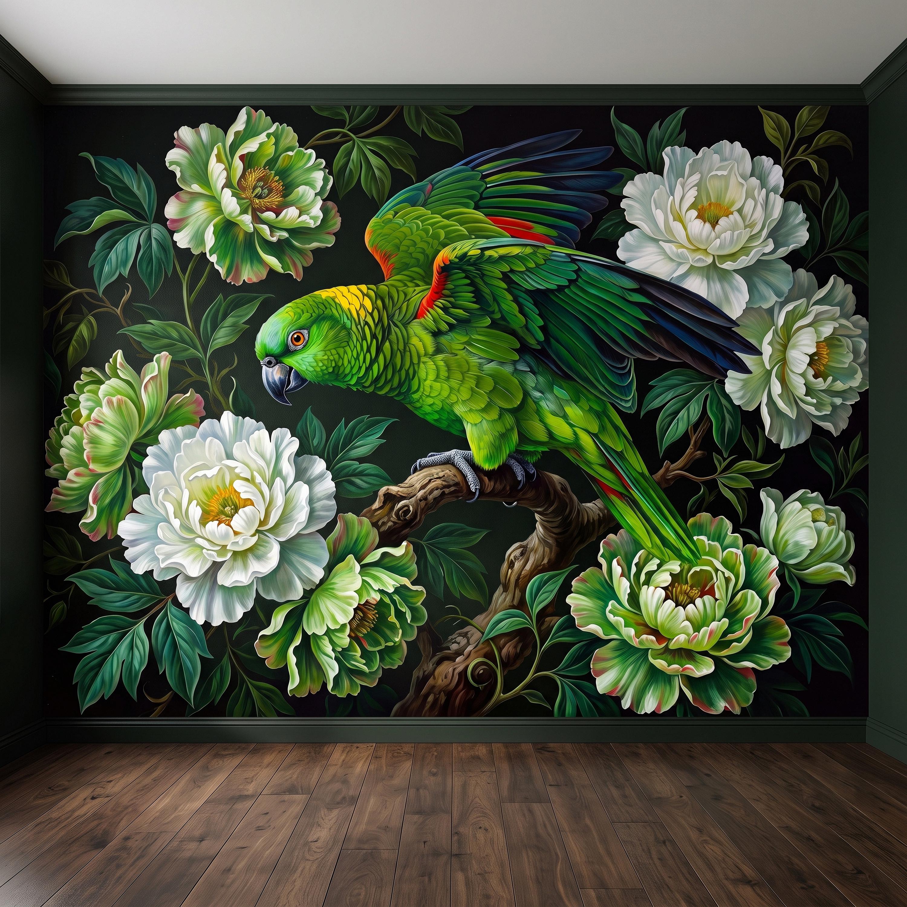 Green Parrot Peel and Stick Wall Mural, White Peony Flowers Tropical Botanical Bird Dark Floral Vintage Chinoiserie Painting Wallpaper
