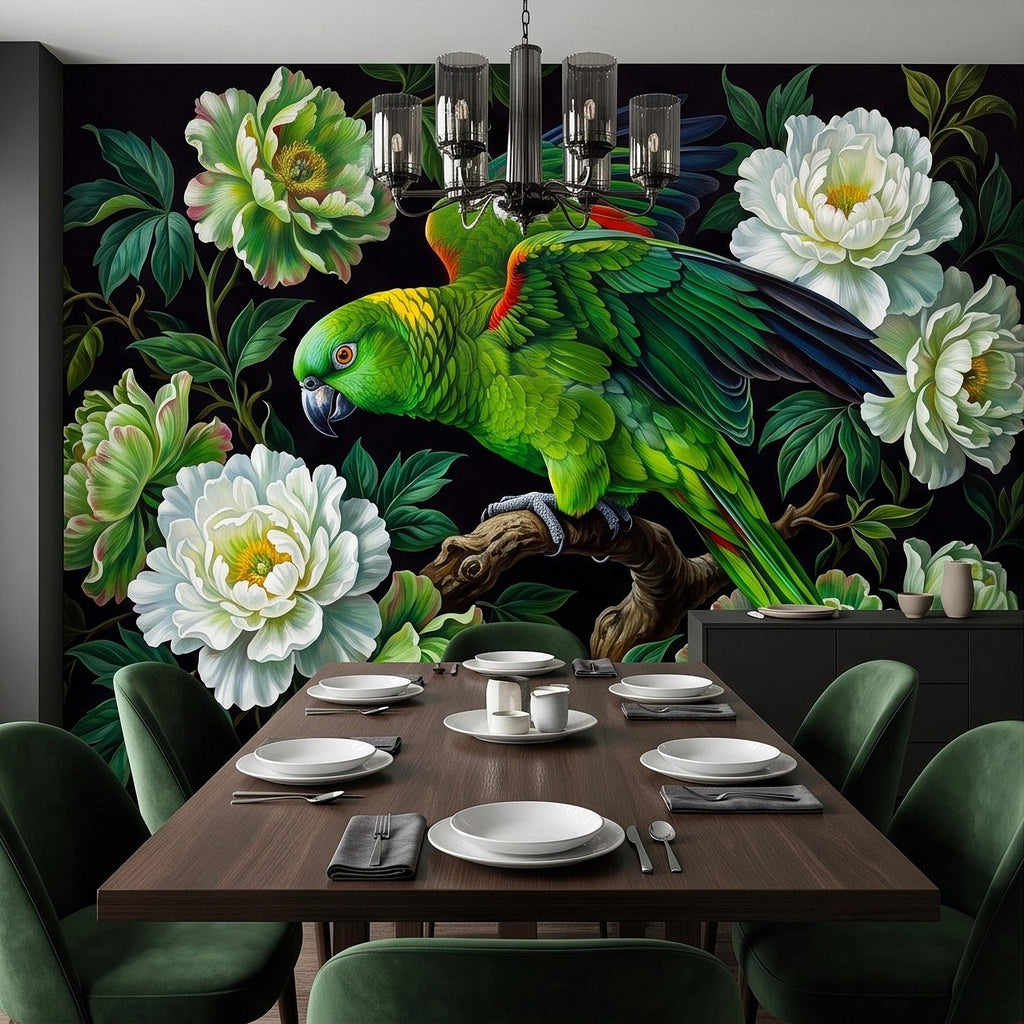 Green Parrot Peel and Stick Wall Mural, White Peony Flowers Tropical Botanical Bird Dark Floral Vintage Chinoiserie Painting Wallpaper