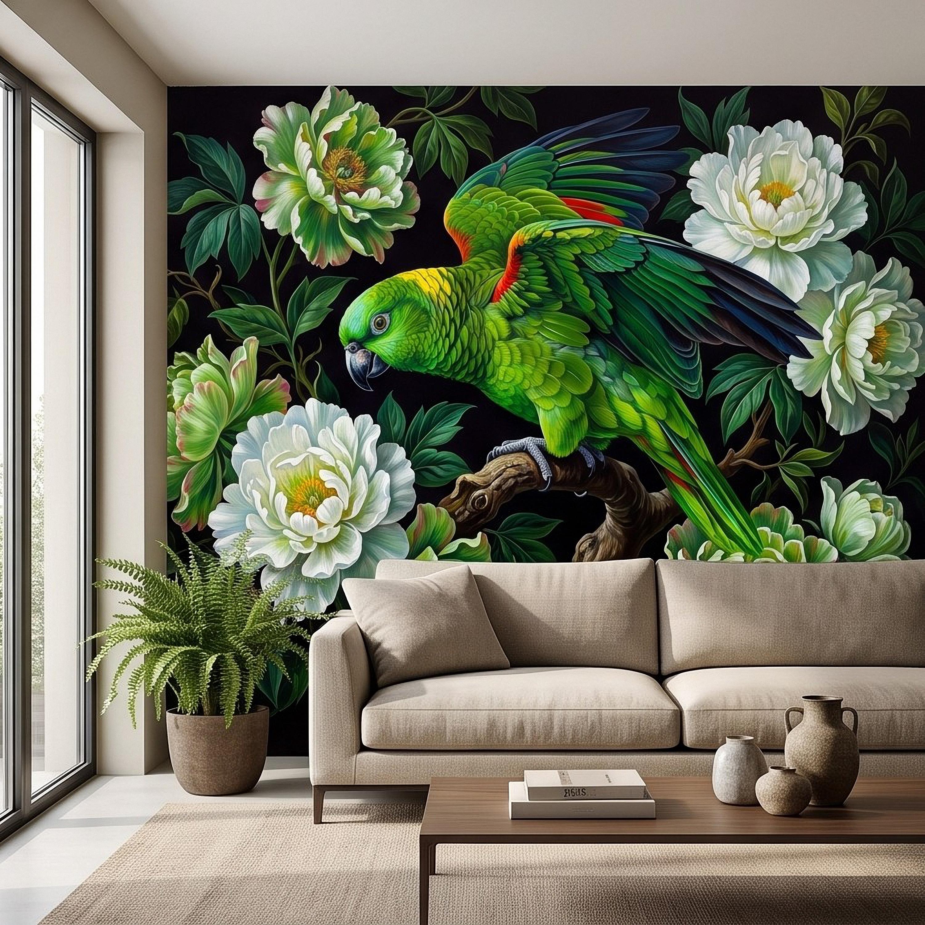 Green Parrot Peel and Stick Wall Mural, White Peony Flowers Tropical Botanical Bird Dark Floral Vintage Chinoiserie Painting Wallpaper