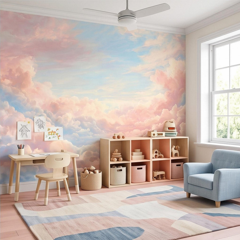 Pastel Cloud Peel and Stick Wall Mural, Dreamy Pink Blue Sky Soft Celestial Clouds Ethereal Watercolor Wallpaper