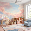 Pastel Cloud Peel and Stick Wall Mural, Dreamy Pink Blue Sky Soft Celestial Clouds Ethereal Watercolor Wallpaper