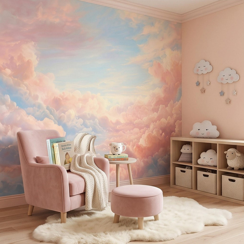 Pastel Cloud Peel and Stick Wall Mural, Dreamy Pink Blue Sky Soft Celestial Clouds Ethereal Watercolor Wallpaper