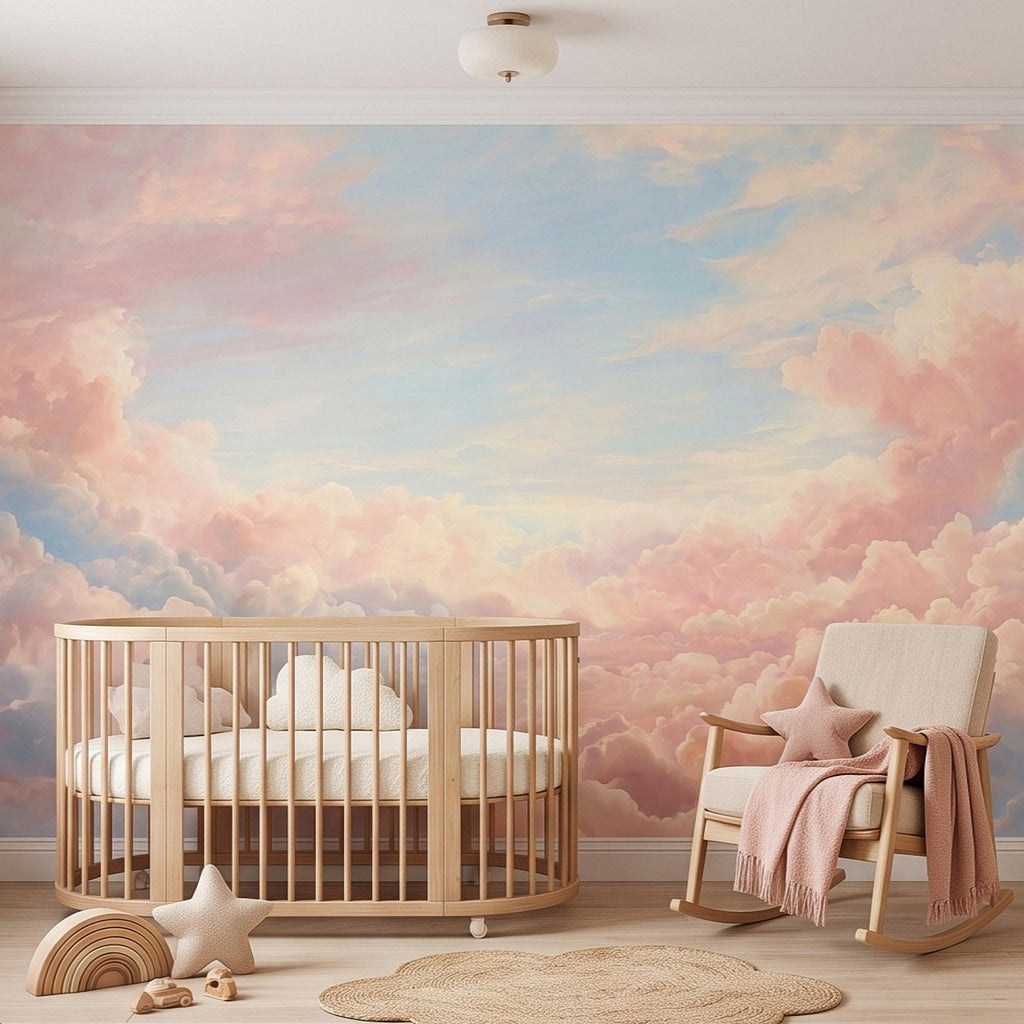 Pastel Cloud Peel and Stick Wall Mural, Dreamy Pink Blue Sky Soft Celestial Clouds Ethereal Watercolor Wallpaper